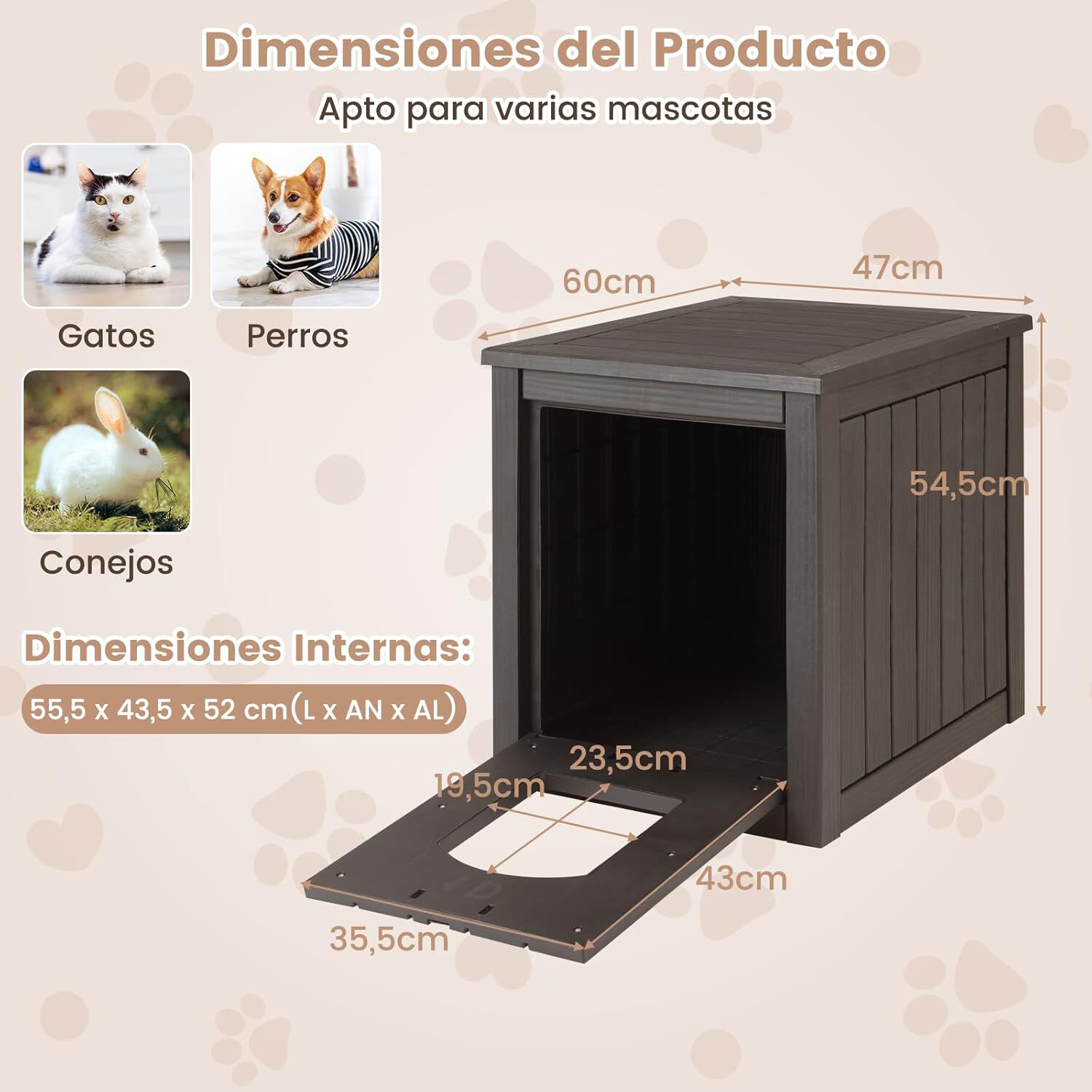 COSTWAY Mueble Arenero para Gatos Medianos, 60 x 47 x 54,5 cm, Cajas de Arena para Gatos con Puerta y Entrada, Refugio Impermeable para Cachorros, Mesa Auxiliar Gato para Sal&oacute;n, Entrada (Gris), , large Imagen numero 5