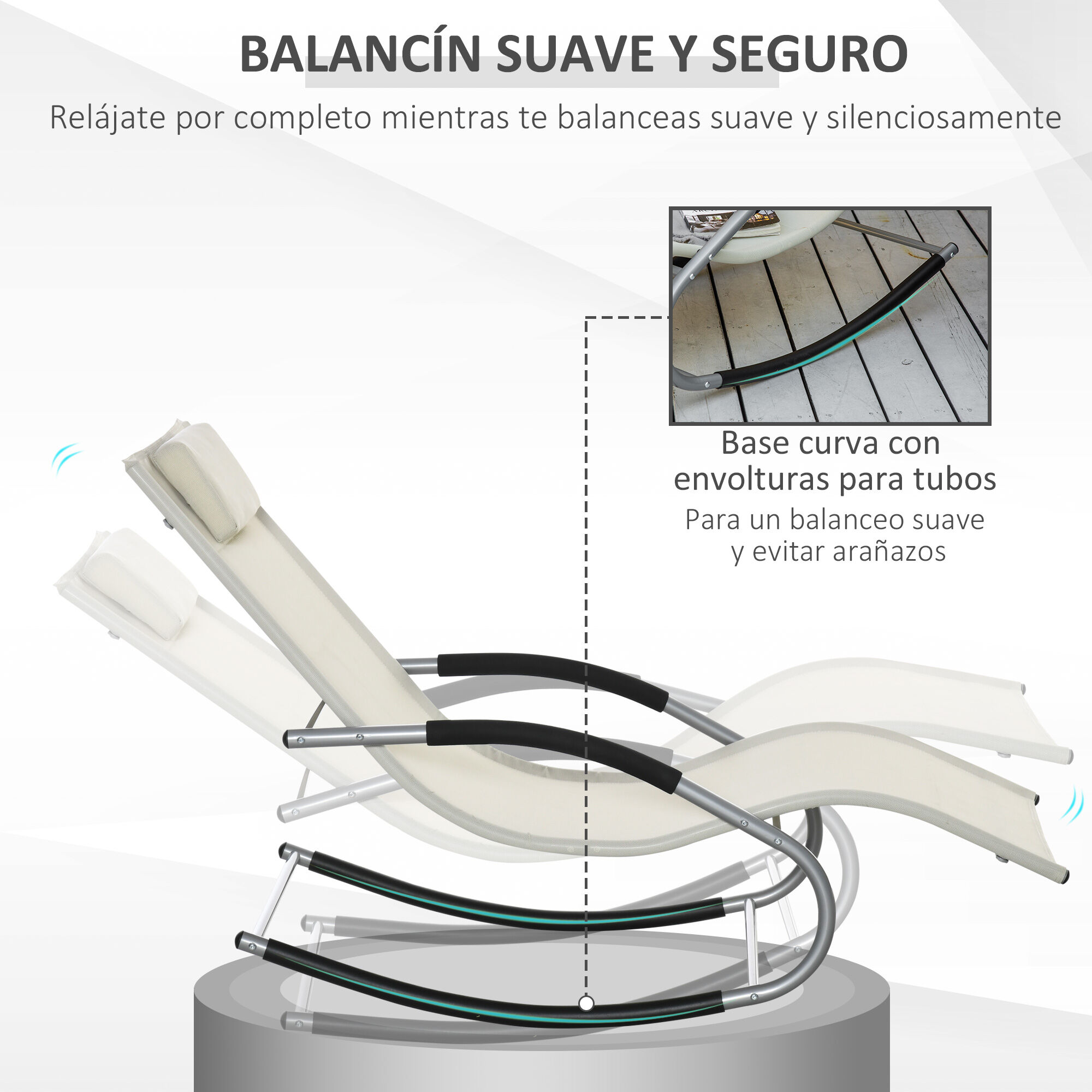 Outsunny Conjunto de 2 Mecedoras para Jard&iacute;n Tumbonas Mecedoras con Reposacabezas Reposabrazos Carga 120 kg para Playa Patio Terraza 63x144x84 cm Beige, , large Imagen numero 4