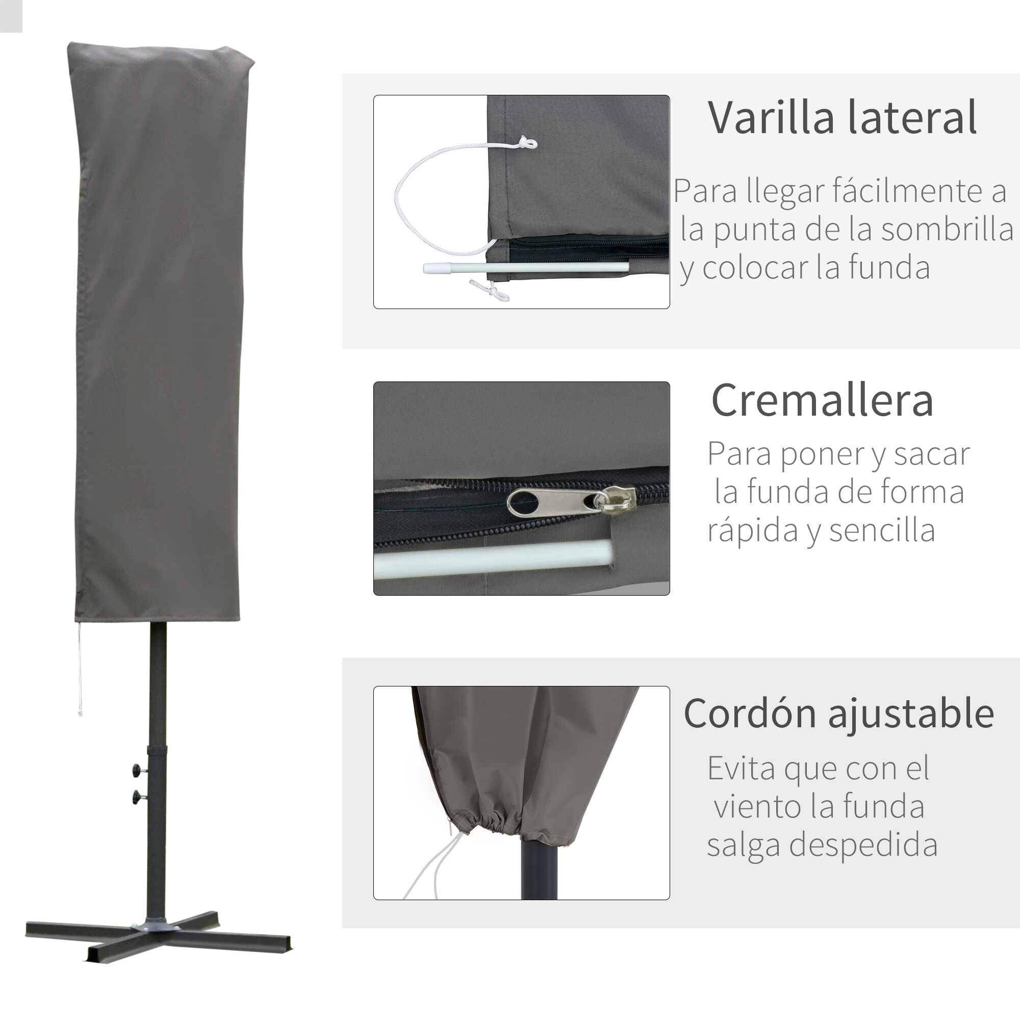 Outsunny Funda Protectora de Sombrilla &Oslash;63x164 cm Cubierta de Sombrilla Resistente a Intemperie para Jard&iacute;n Patio con Varilla Cremallera Gris, , large Imagen numero 5