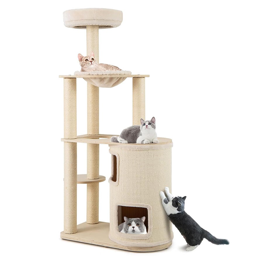 COSTWAY Árbol para Gatos Alto de 151 cm, Poste Rascador Multicamada con Condominio, Alfombra y Cama para Gatos, Hamaca, Cojín Lavable, Centro de Actividades Multifuncional para para Gatos thumbnail