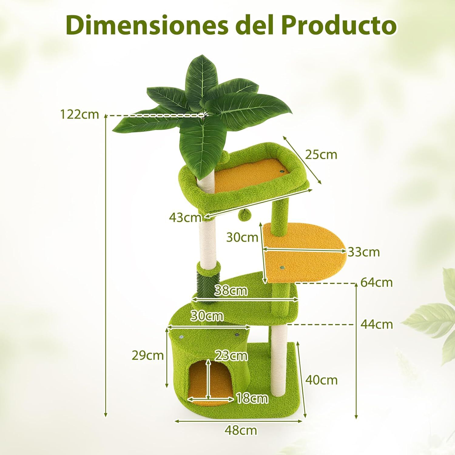 COSTWAY Rascador para Gatos Adultos, &Aacute;rbol Rascador para Gatos, Altura 122 cm, Torre Escalador con Varias Plataformas, Postes de Sisal, Nido, Tela de Felpa, Versi&oacute;n de Bosque, Verde y Naranja, , large Imagen numero 3