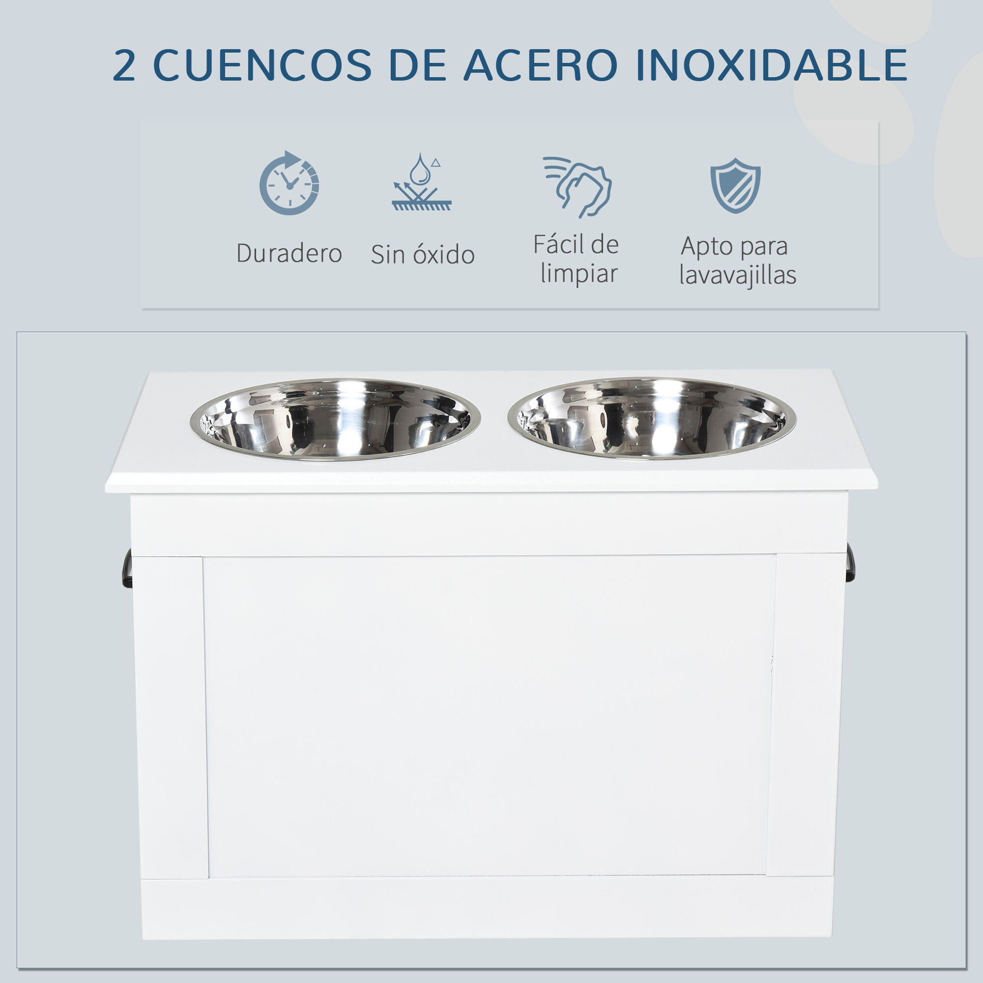 PawHut Comedero Elevado para Perros Cuencos para Perros con 2 Tazones de Acero Inoxidable y Espacio de Almacenaje Oculto 60x30x41 cm Blanco, , large Imagen numero 5
