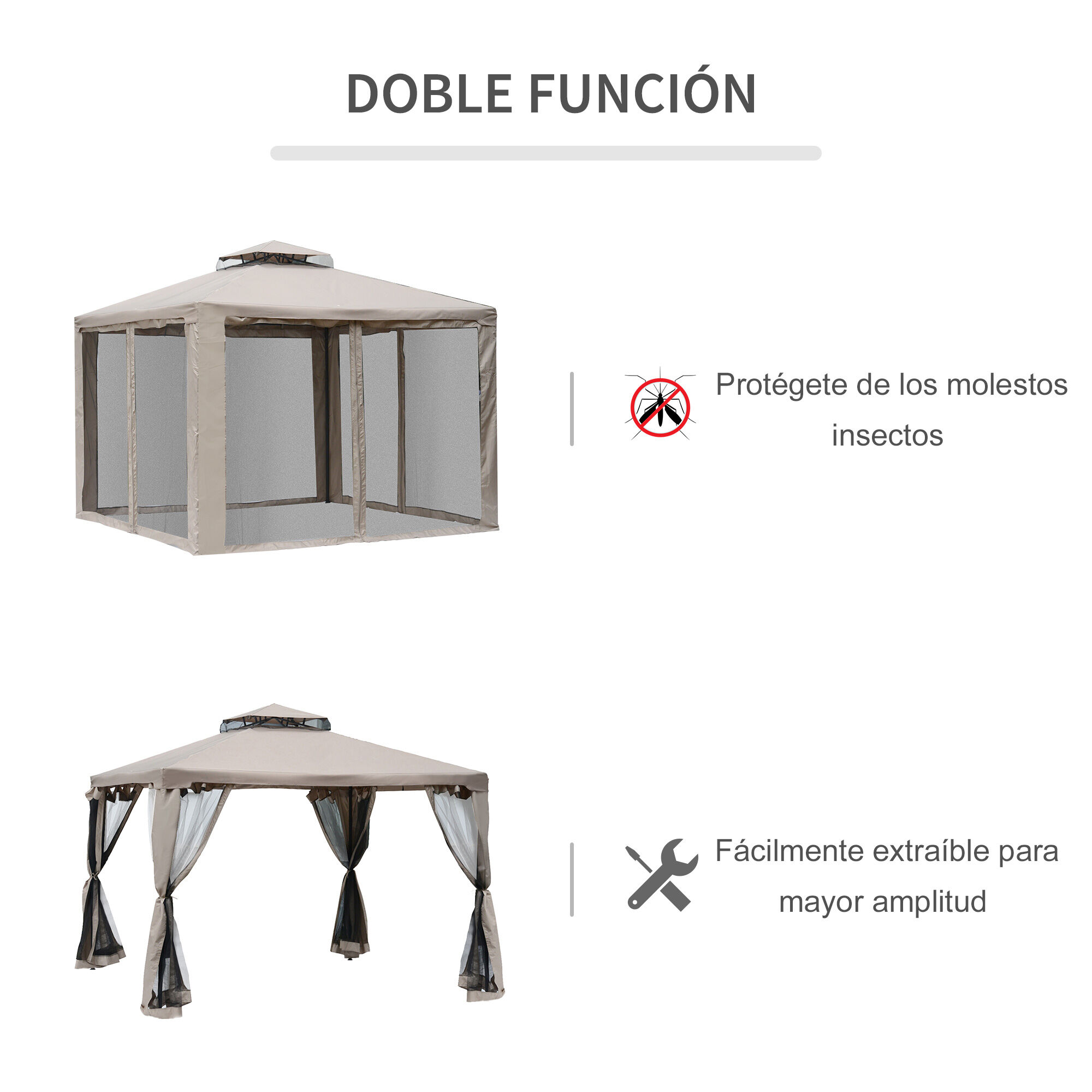 Outsunny Cenador de Jard&iacute;n 3x3 m Pabell&oacute;n de Exterior con Doble Techo de Ventilaci&oacute;n 4 Cortinas Mosquiteras Laterales con Cremallera 8 Orificios de Drenaje Gazebo para Fiestas Patio Marr&oacute;n Pardo, , large Imagen numero 4