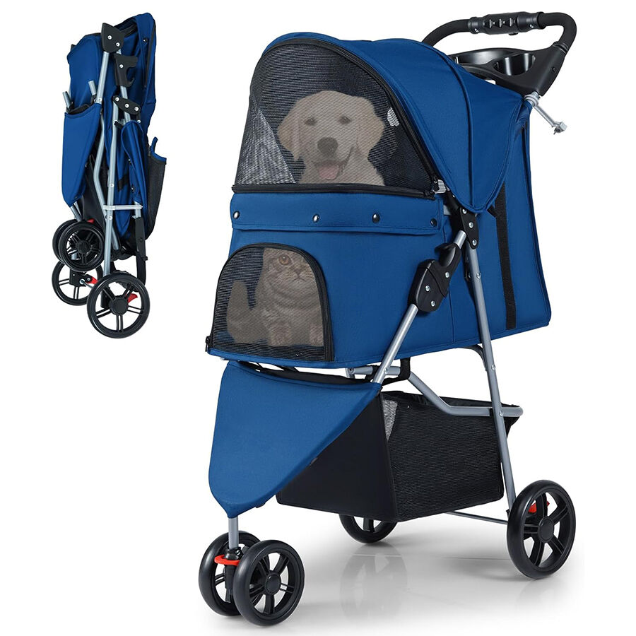 COSTWAY Cochecito Plegable para Mascotas, Carrito para Perros con Capota Ajustable, Almohadilla Lavable Extra&iacute;ble, Cesta de Almacenaje, Portavasos, Carro para Perros hasta 15 kg, 82x45x100 cm (Azul), , large Imagen numero 1