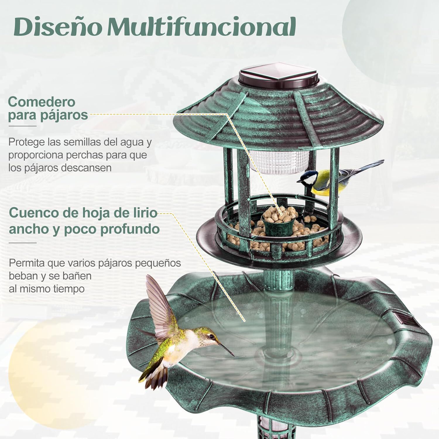 COSTWAY Comedero de Pájaros Exterior con 2 Luces LED Solares y Macetero de Flores verde cobre para aves thumbnail