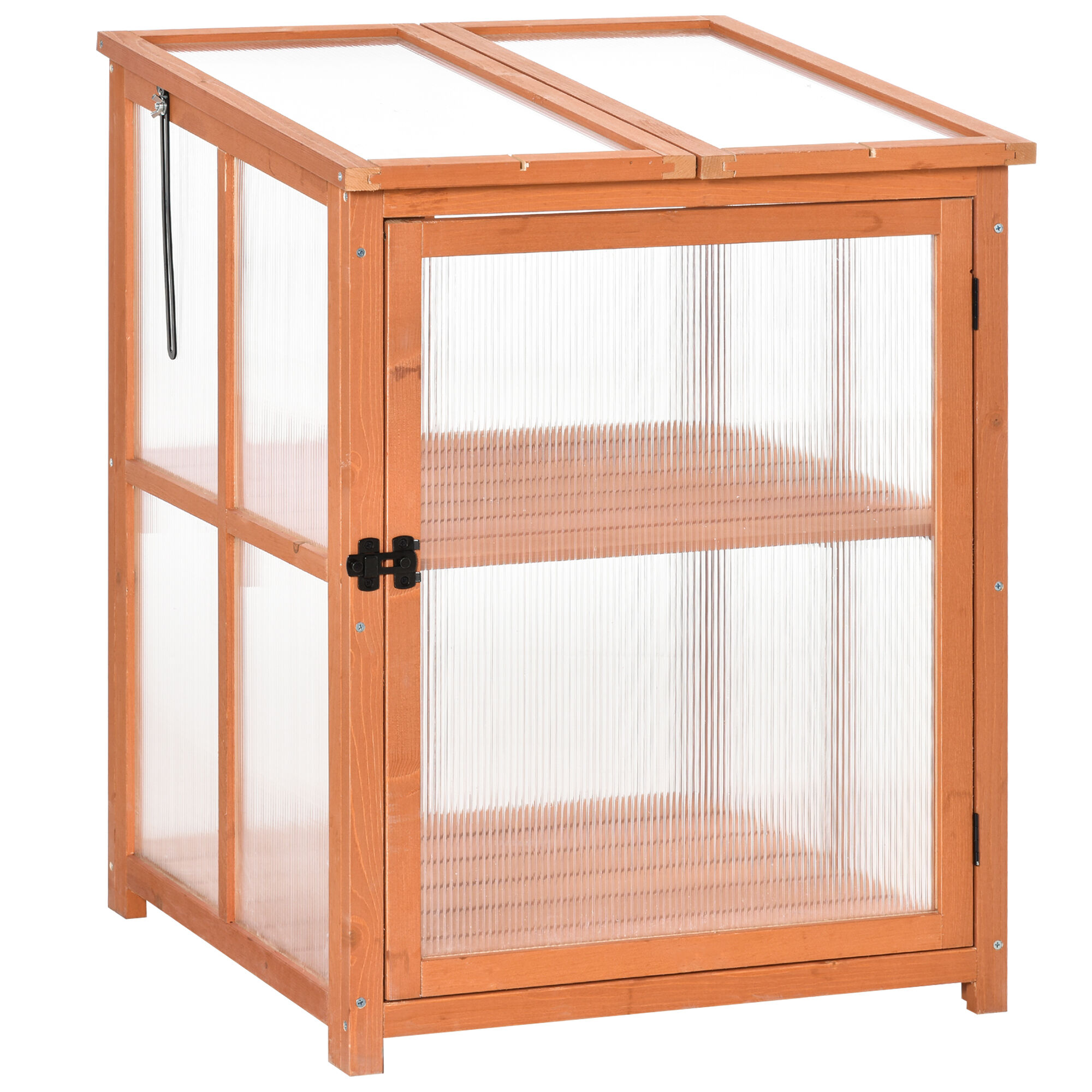 Outsunny Mini Invernadero de Jard&iacute;n Invernadero de Madera y Paneles de Policarbonato Vivero Casero con 2 Estantes Tapas y Puerta para Plantas Huerto Jardiner&iacute;a 62x63x82 cm Madera Natural, , large Imagen numero 1