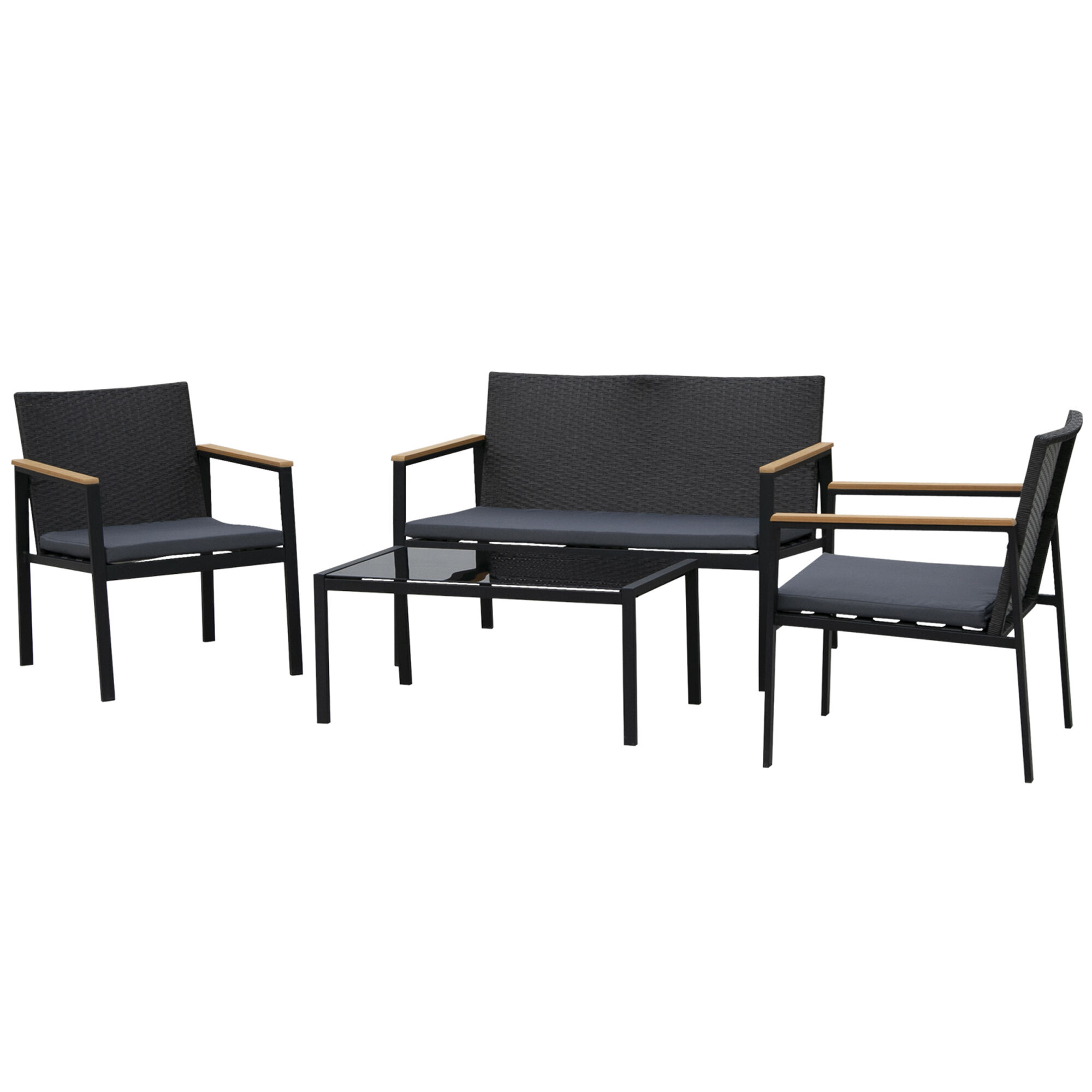 Outsunny Conjunto Muebles de Rat&aacute;n PE de 4 Piezas con Cojines 2 Sillones 1 Sof&aacute; Doble y Mesa de Centro para Jard&iacute;n Terraza Patio Negro y Gris, , large Imagen numero 1