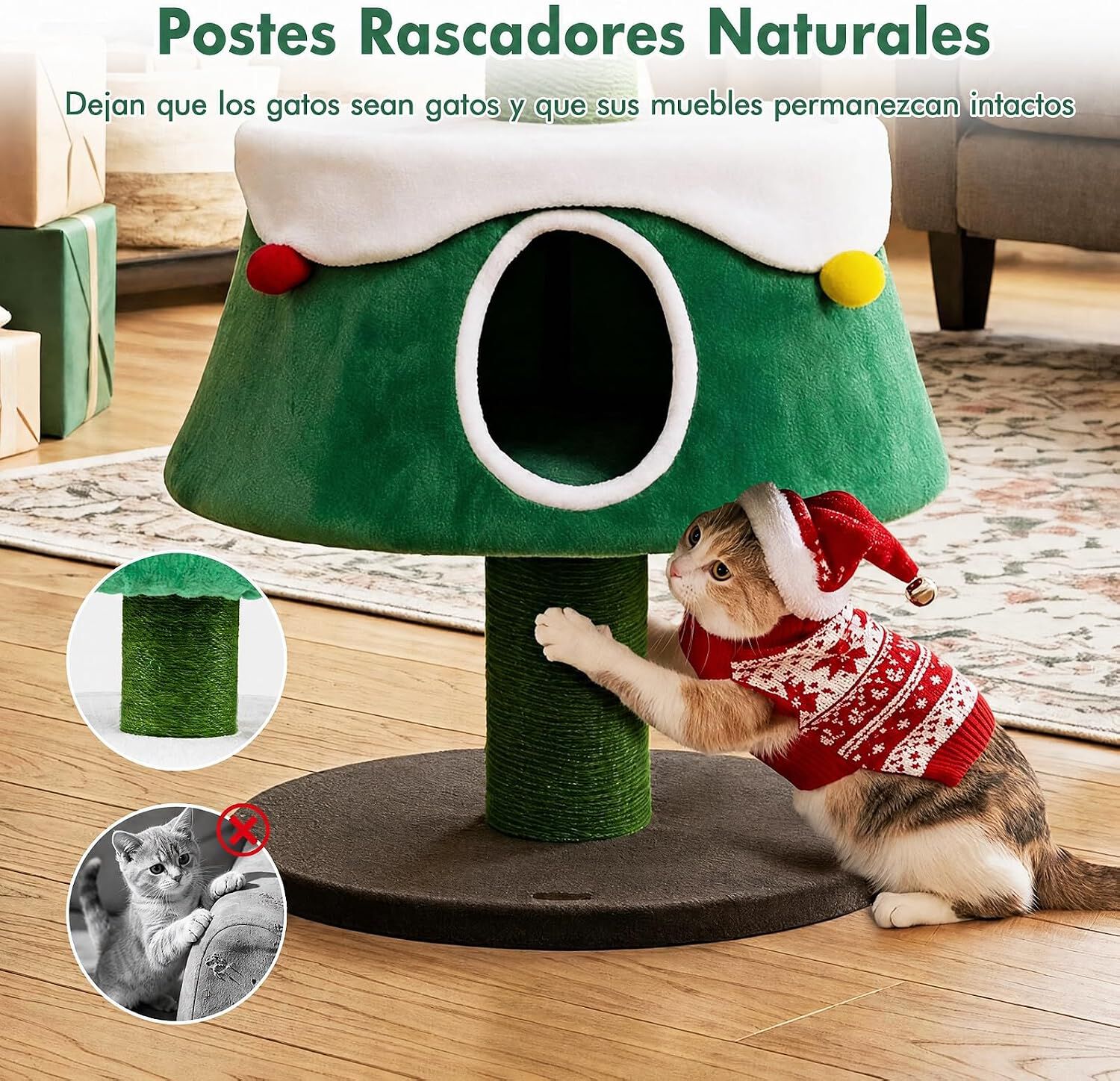 COSTWAY 156 cm &Aacute;rbol de Navidad para Gatos con 2 Casitas Grandes, Torre para Gatos con Rascadores de Yute, Juguete en Estrella con Resorte y Bolas Decorativas, Mueble de Juegos para Interior, , large Imagen numero 4