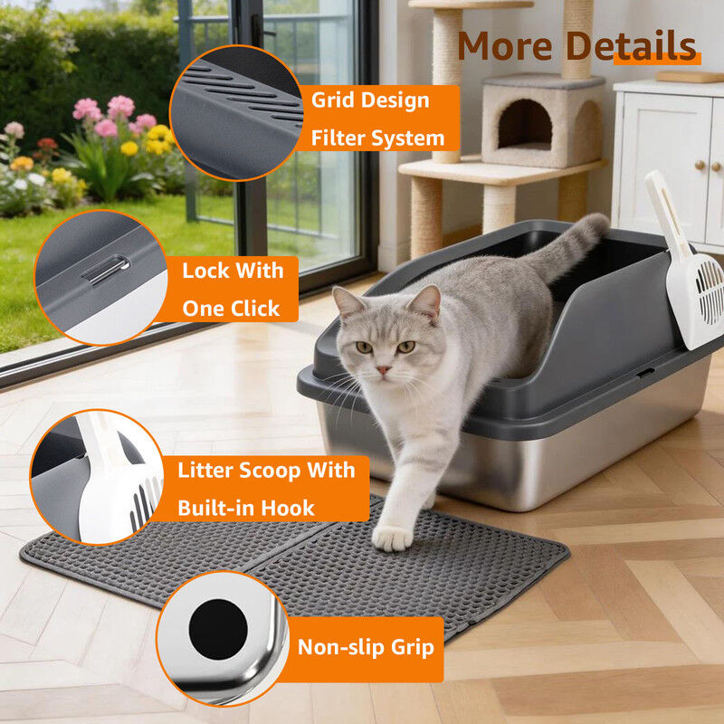 Nobleza Arenero de Acero Inoxidable para Gatos XL 61*40cm, Caja de Arena con Paredes Altas Anti-Salpicaduras, Kit con Alfombra de Doble Capa y Pala, Higi&eacute;nico, Sin Olores, Gris Plata, , large Imagen numero 3