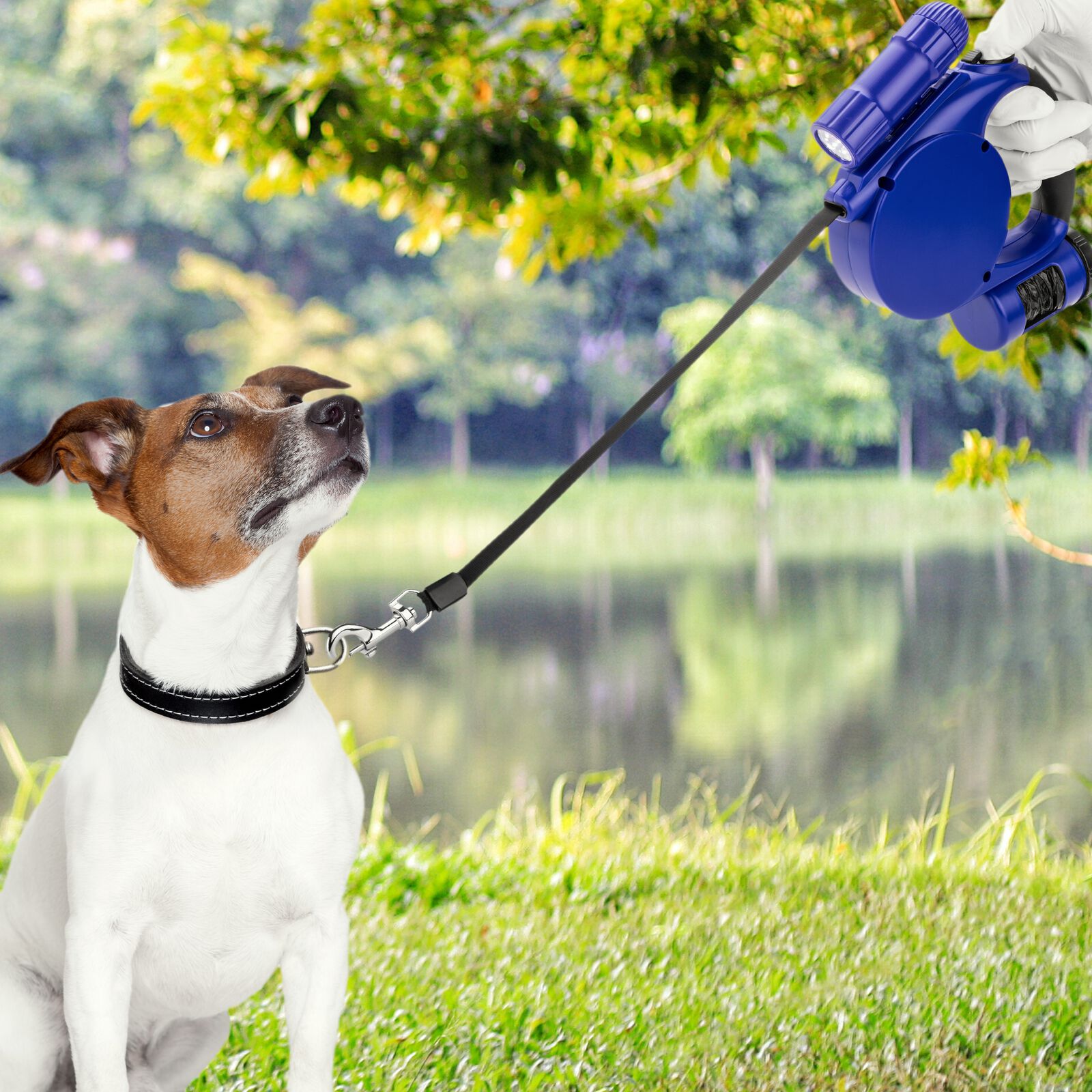 Correa extensible para mascotas color azul con dispensador de bolsas, , large Imagen numero 3