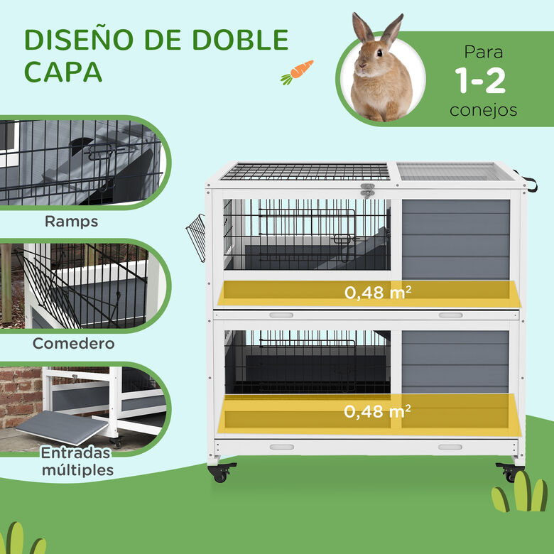 PawHut Conejera de Madera con Ruedas Gris y Blanco para Conejos thumbnail