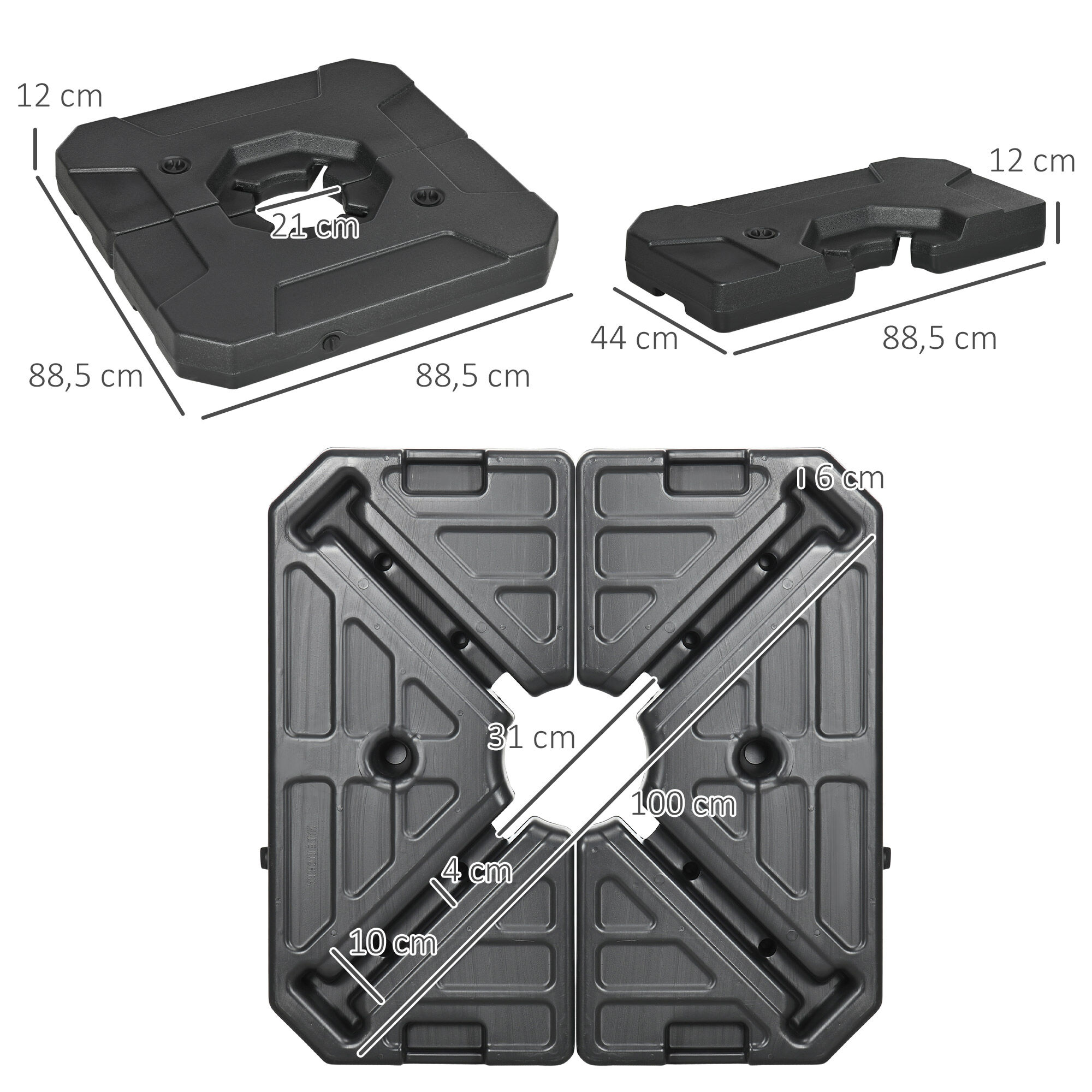 Outsunny 2 Pesos para Base de Sombrilla Rellenable de Arena 110 kg o Agua 70 kg para Base Cruzada de Parasol Sombrilla Cantilever para Jard&iacute;n Terraza Exterior 88,5x88,5x12 cm Negro, , large Imagen numero 3