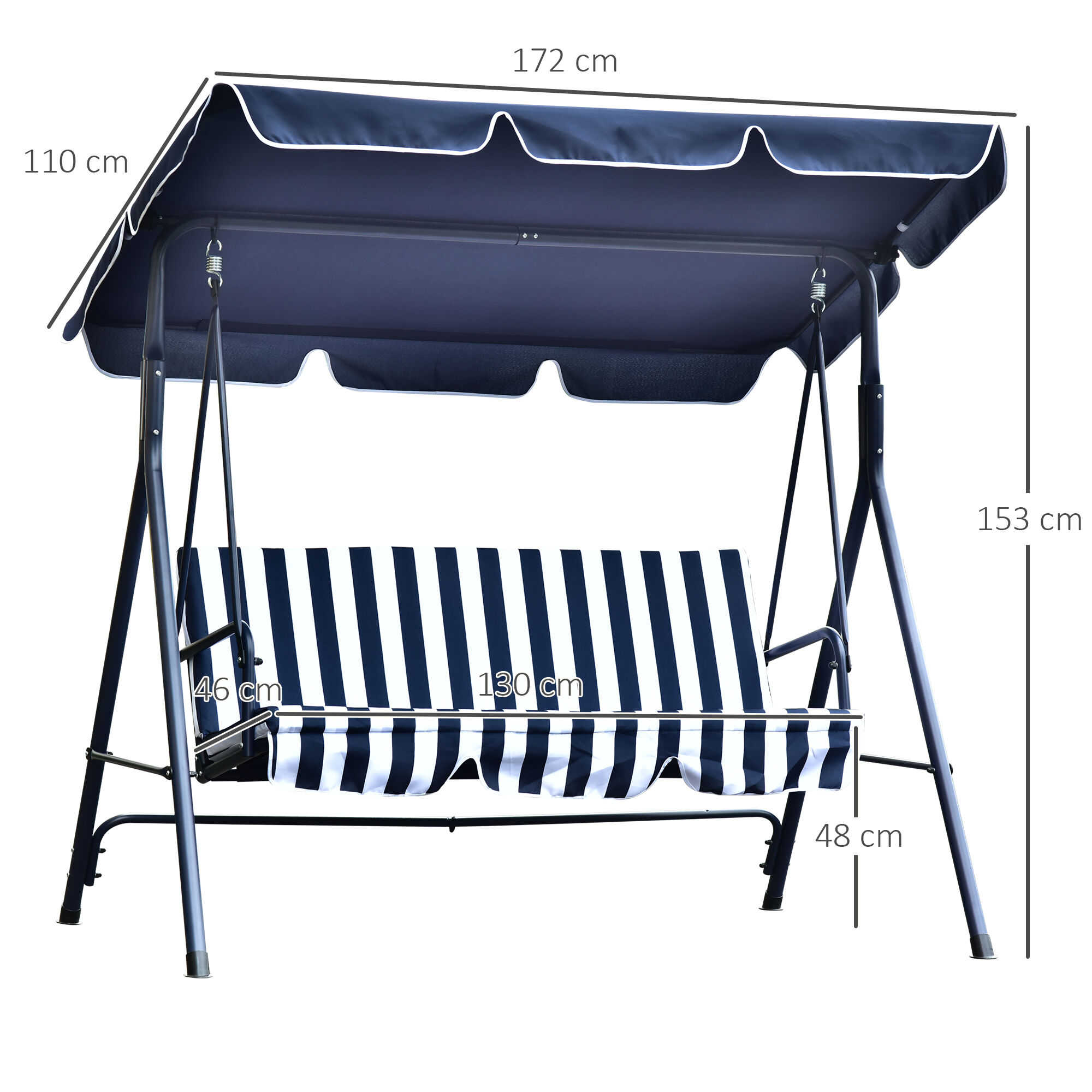 Outsunny Columpio Balanc&iacute;n de Jard&iacute;n Exterior de 3 Plazas con Coj&iacute;n Techo Ajustable y Marco de Metal para Balc&oacute;n Terraza Patio Carga M&aacute;x. 200 kg 172x110x153 cm Raya Azul, , large Imagen numero 3
