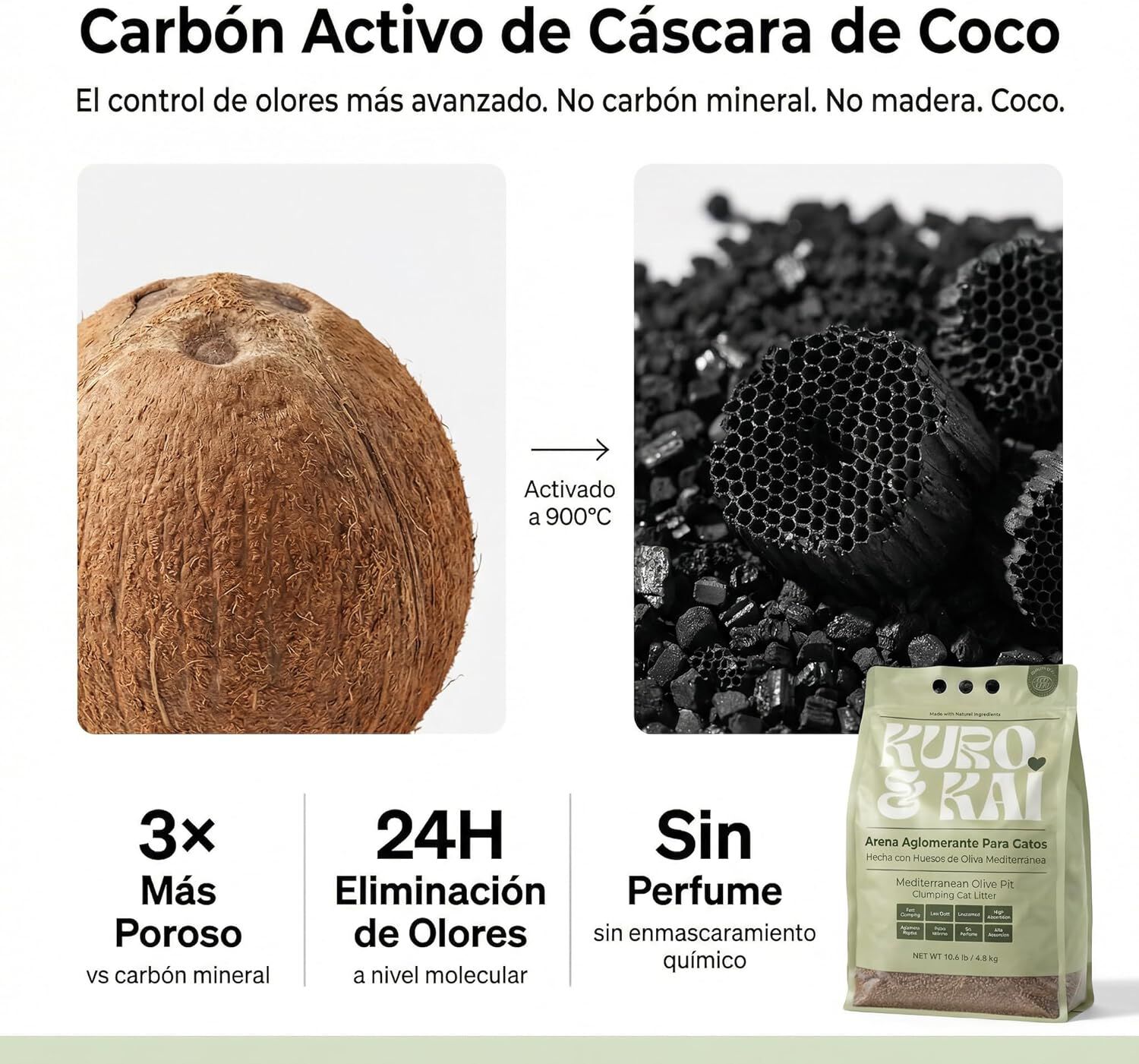 KURO & KAI Arena Aglomerante Natural para Gatos &ndash; Hueso de Oliva con Carb&oacute;n Activo, Sin Perfume, Poco Polvo, Pack 4 Unidades, 19,2 kg / 28 L, , large Imagen numero 3