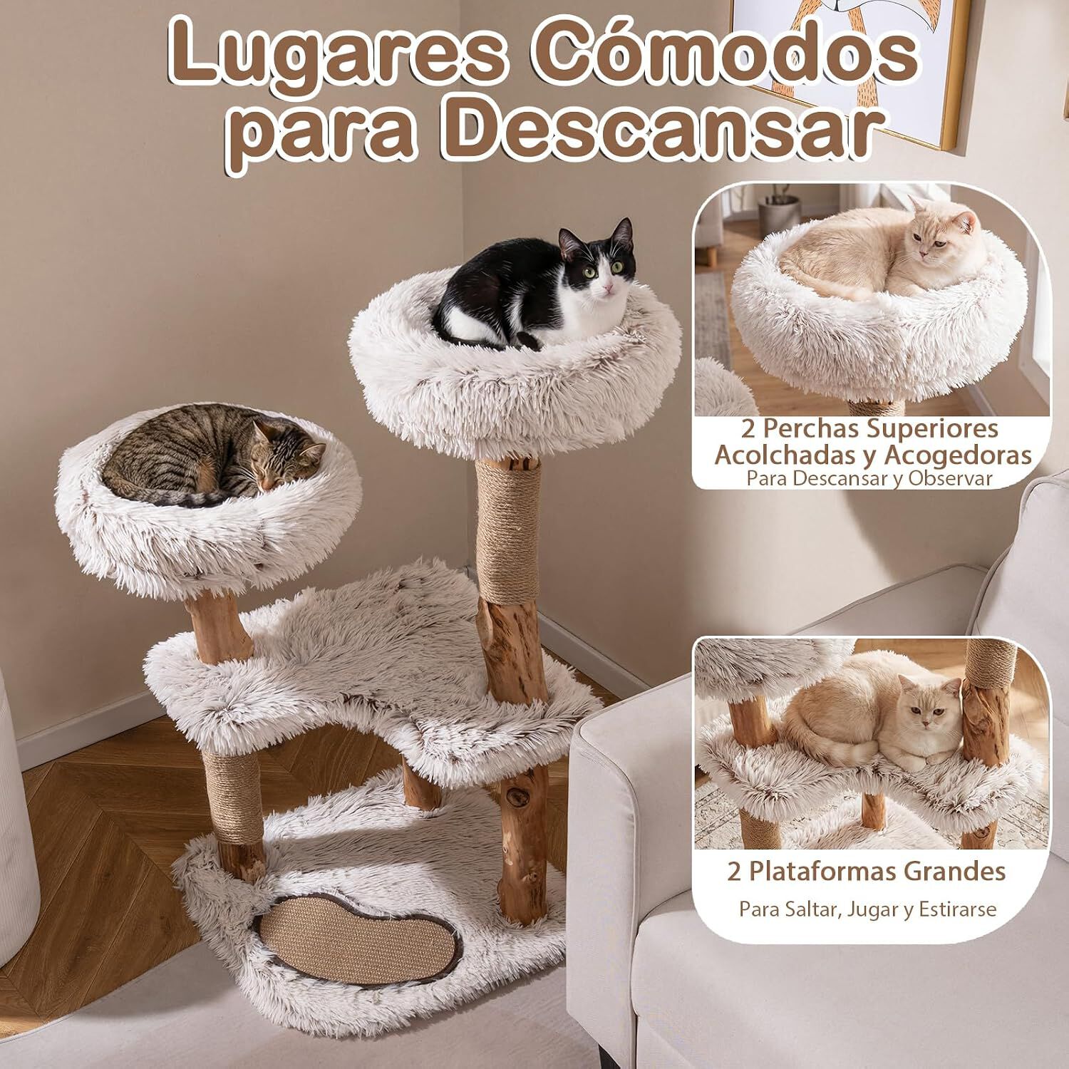COSTWAY 101 cm &Aacute;rbol Rascador para Gatos de Madera Maciza, 4 Plataformas Acolchadas de Felpa, Postes Rascadores y Alfombrilla, Torre Rascador para Gatos en Forma de Ramas de Bohemio para Interior, , large Imagen numero 3