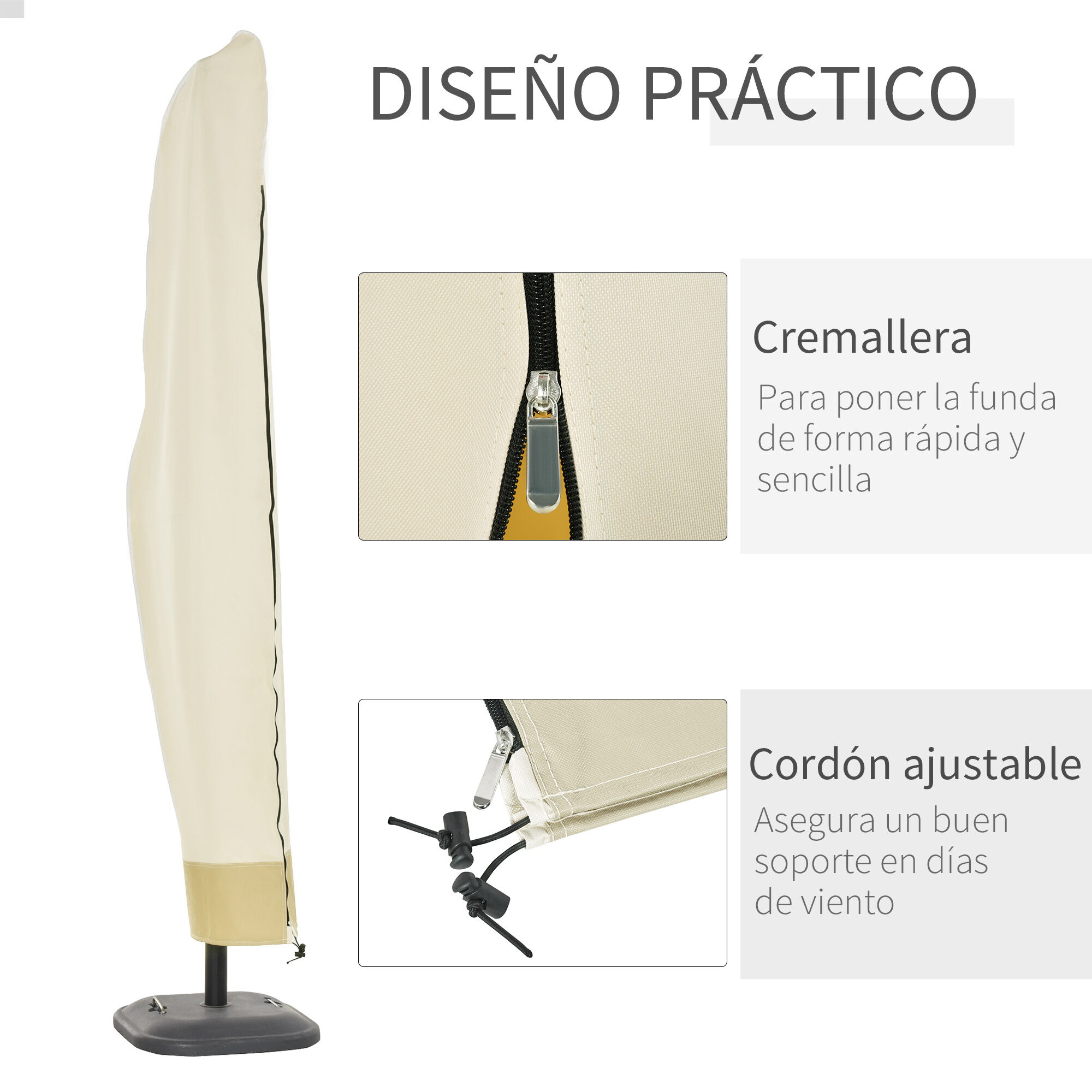 Outsunny Funda Protectora de Sombrilla Di&aacute;metro 2-4 m Impermeable Tela Oxford &Oslash;56x220 cm Cubierta de Parasol con Cremallera Resistente a Intemperie para Jard&iacute;n Exterior Beige, , large Imagen numero 5