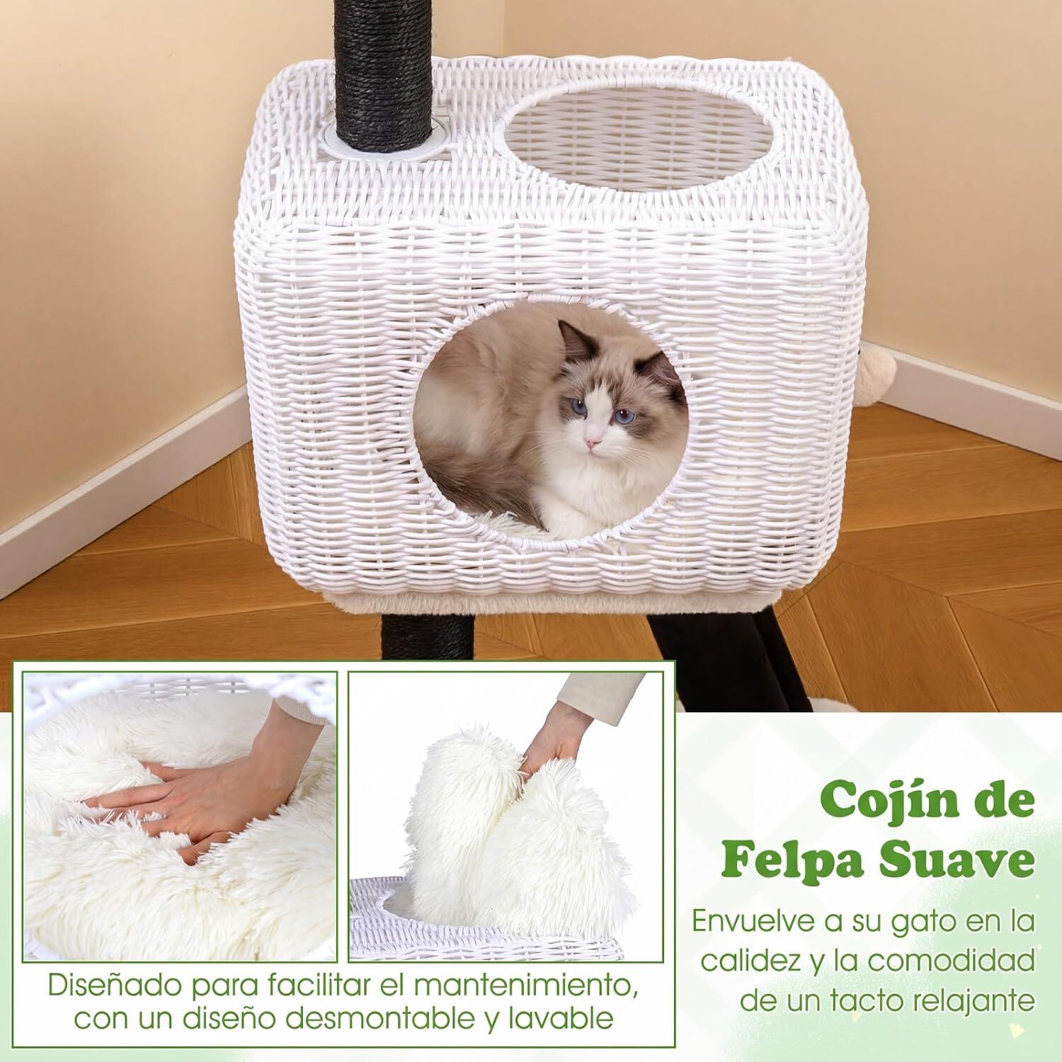 COSTWAY &Aacute;rbol para Gatos de Interior, 110 cm Condominio de Rat&aacute;n PE para Gatitos con Postes Rascadores de Sisal, Coj&iacute;n de Felpa, Bola Colgante y 2 Entradas, Torre en Forma Cordero para Gatos, , large Imagen numero 3
