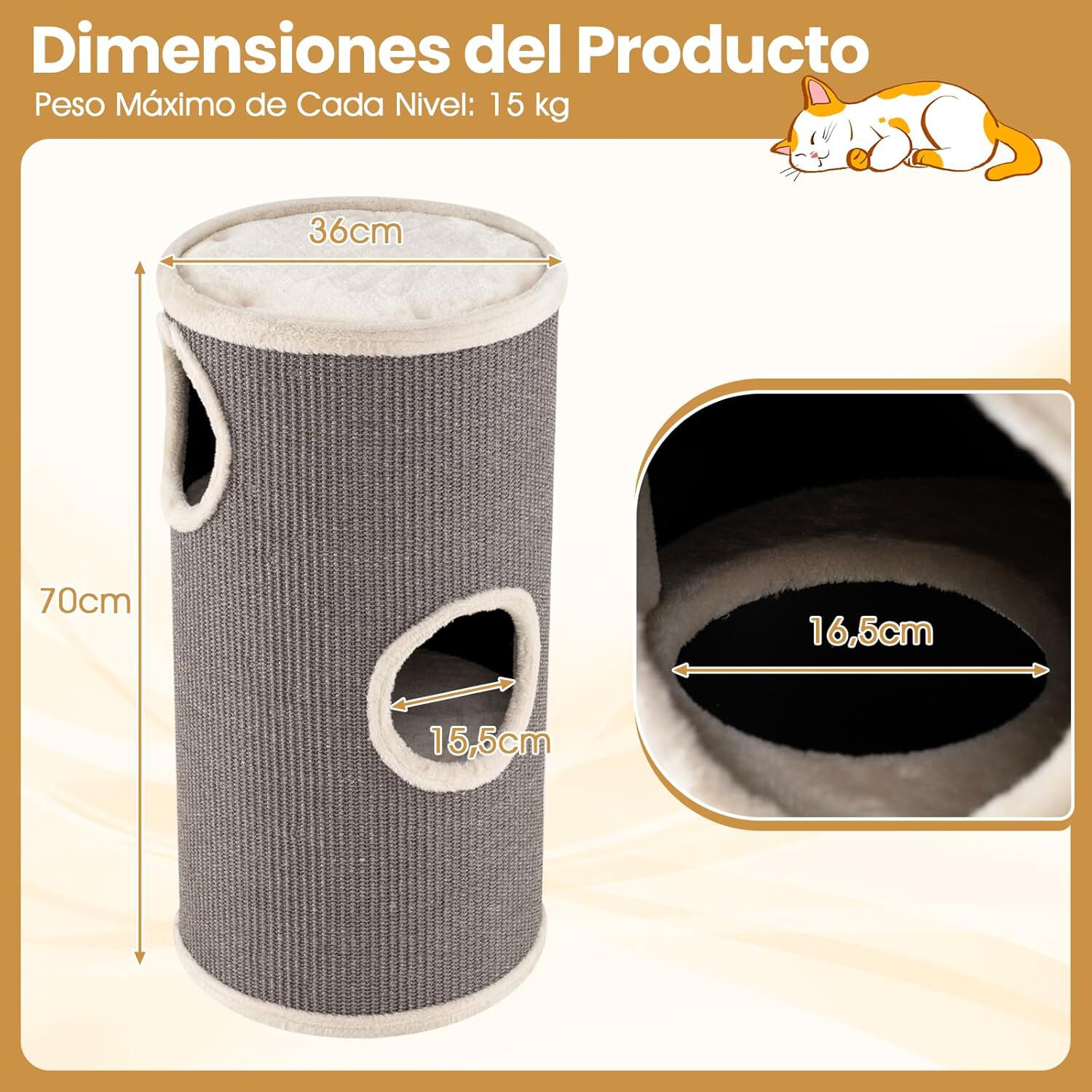 COSTWAY Barril Rascador para Gatos de 4 Niveles, 70 cm Torre Gato Rascador con Almohadilla para Rascar de Sisal, Cama Acolchada, Condominio para Gato Forma Barril, Ideal para Hogares con Varios Gatos, , large Imagen numero 5