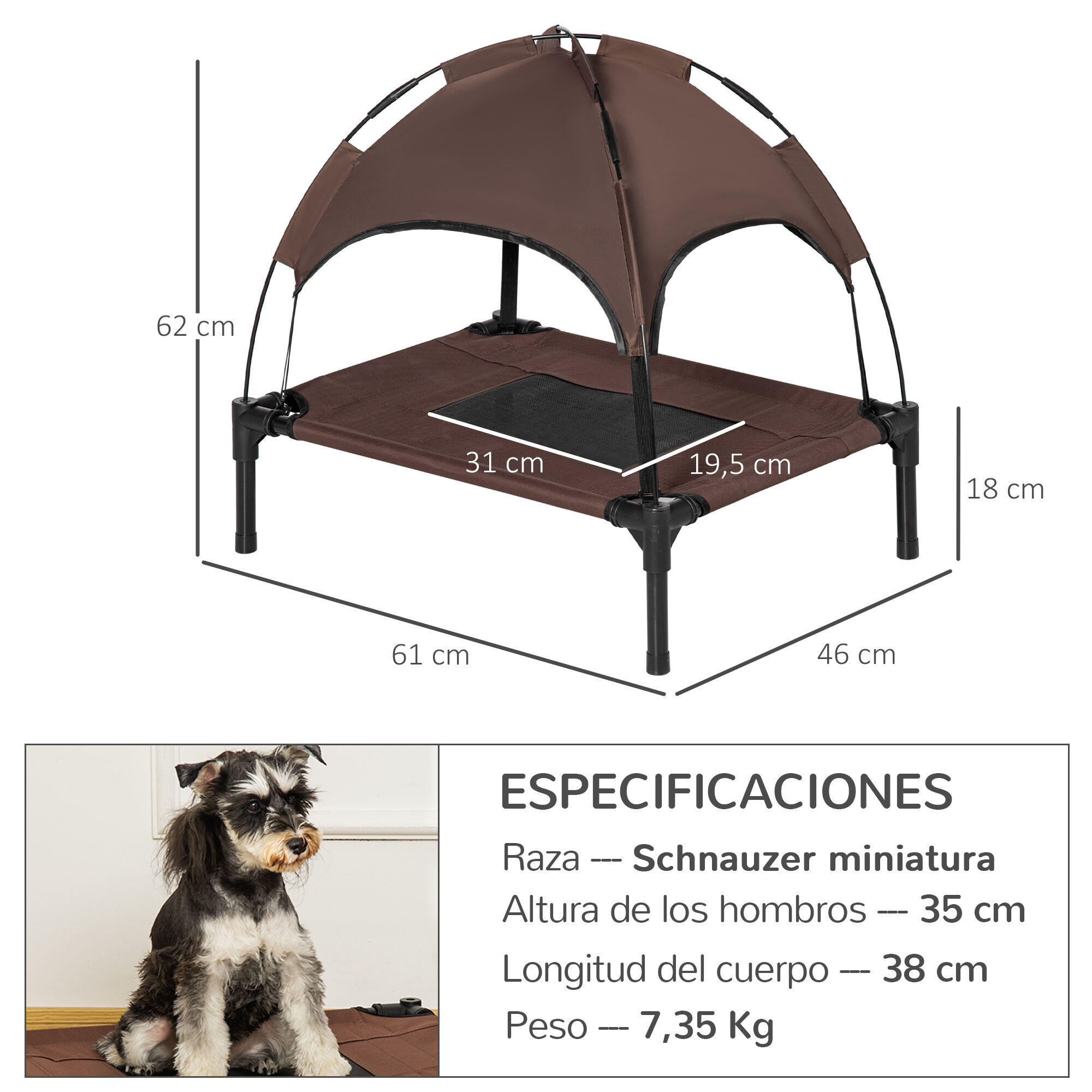 PawHut Cama Elevada para Mascotas Port&aacute;til con Toldo Extra&iacute;ble Tela Transpirable al Aire Libre para Interior y Exterior 61x46x62 cm Caf&eacute;, , large Imagen numero 3