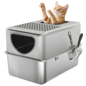 PawHut Arenero para Gatos de Acero Inoxidable XL Caja de Arena para Gatos Arenero con Pala Aberturas Dobles Fácil de Limpiar Plata
