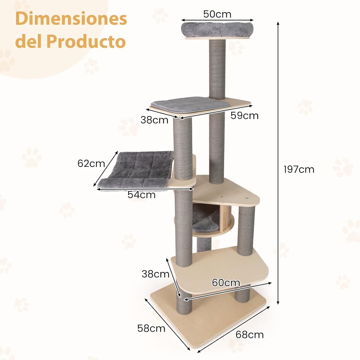 COSTWAY &Aacute;rbol Rascador para Gatos de 197 cm, Torre para Gatos de Varios Niveles con Plataforma Grande, Perchero Acolchado Superior, Condo, Esteras Desmontables, Postes para Rascar, Castillo Gato, Gris, , large Imagen numero 5