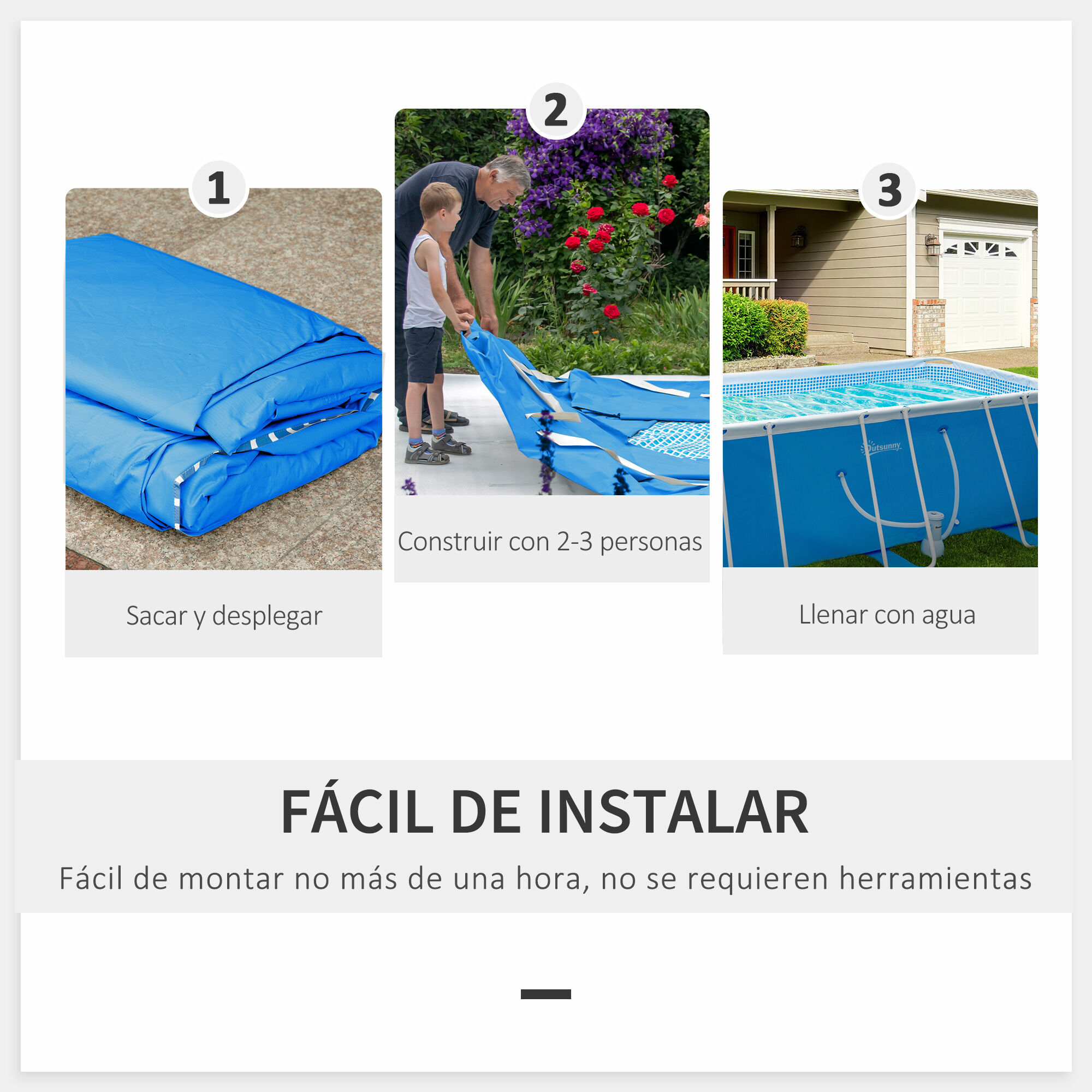 Outsunny Piscina Desmontable 440x240x122 cm Piscina Rectangular de Exterior con Depuradora de Cartucho 4,000 L/H y Marco de Acero 9760 L Azul, , large Imagen numero 5