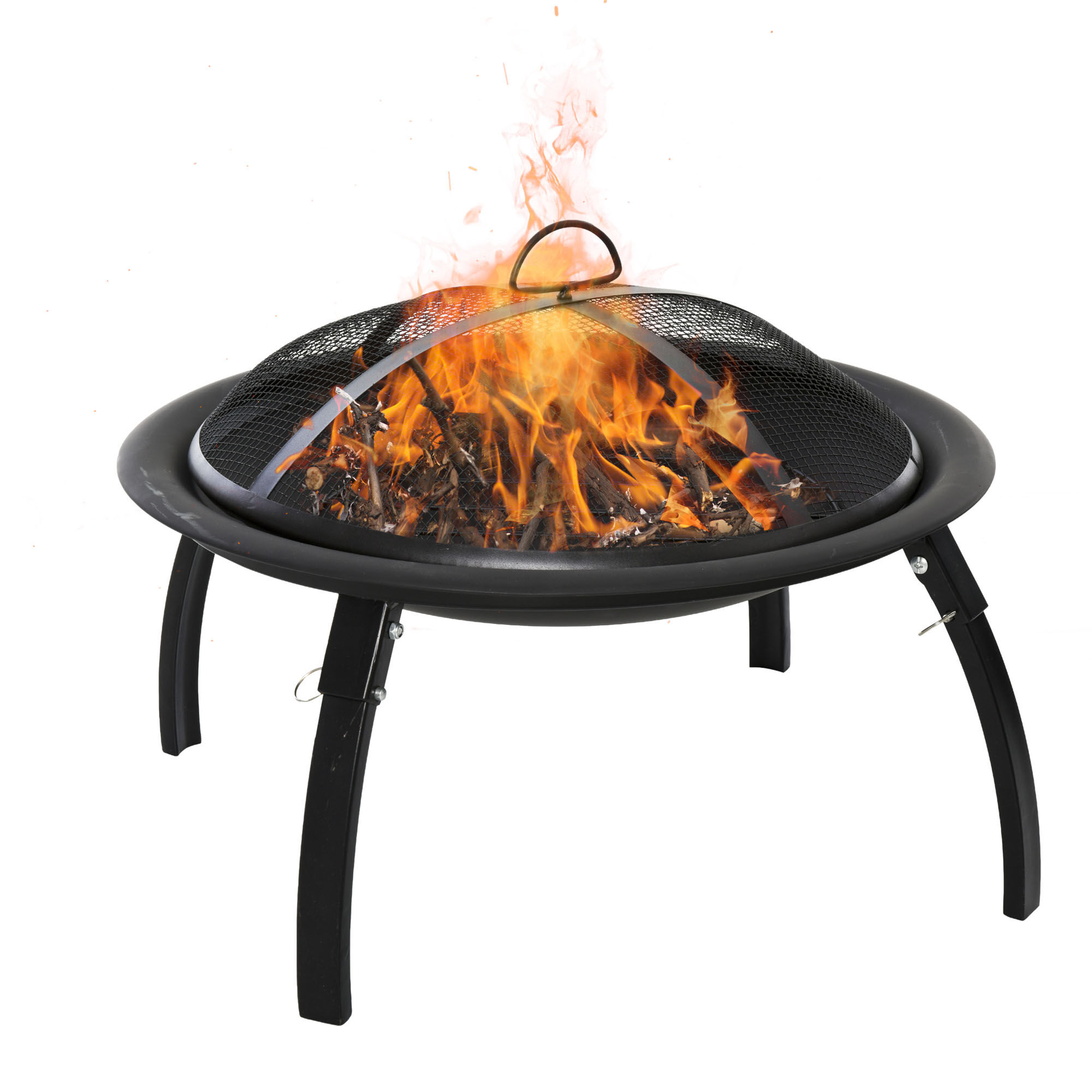 Outsunny Brasero Exterior &Oslash;55 cm Chimenea Hoguera Port&aacute;til para Calefacci&oacute;n Barbacoa Terraza Patio Camping Jard&iacute;n con Cubierta de Malla Atizador de Fuego Negro, , large Imagen numero 1