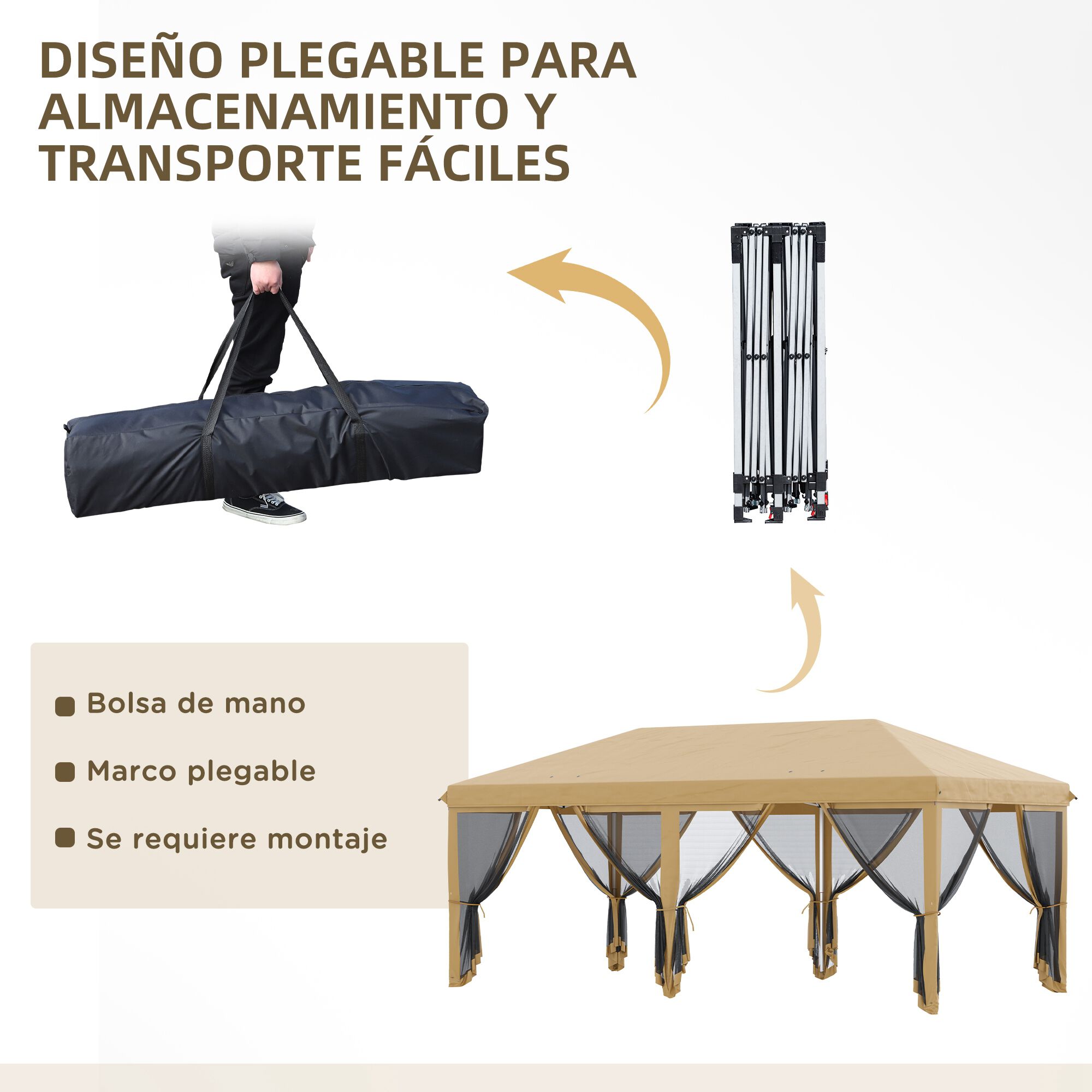 Outsunny Carpa Plegable 6x3 m Cenador de Jard&iacute;n Gazebo con 6 Mosquiteras Bolsa de Transporte y Marco de Acero para Camping Fiestas Beige, , large Imagen numero 5