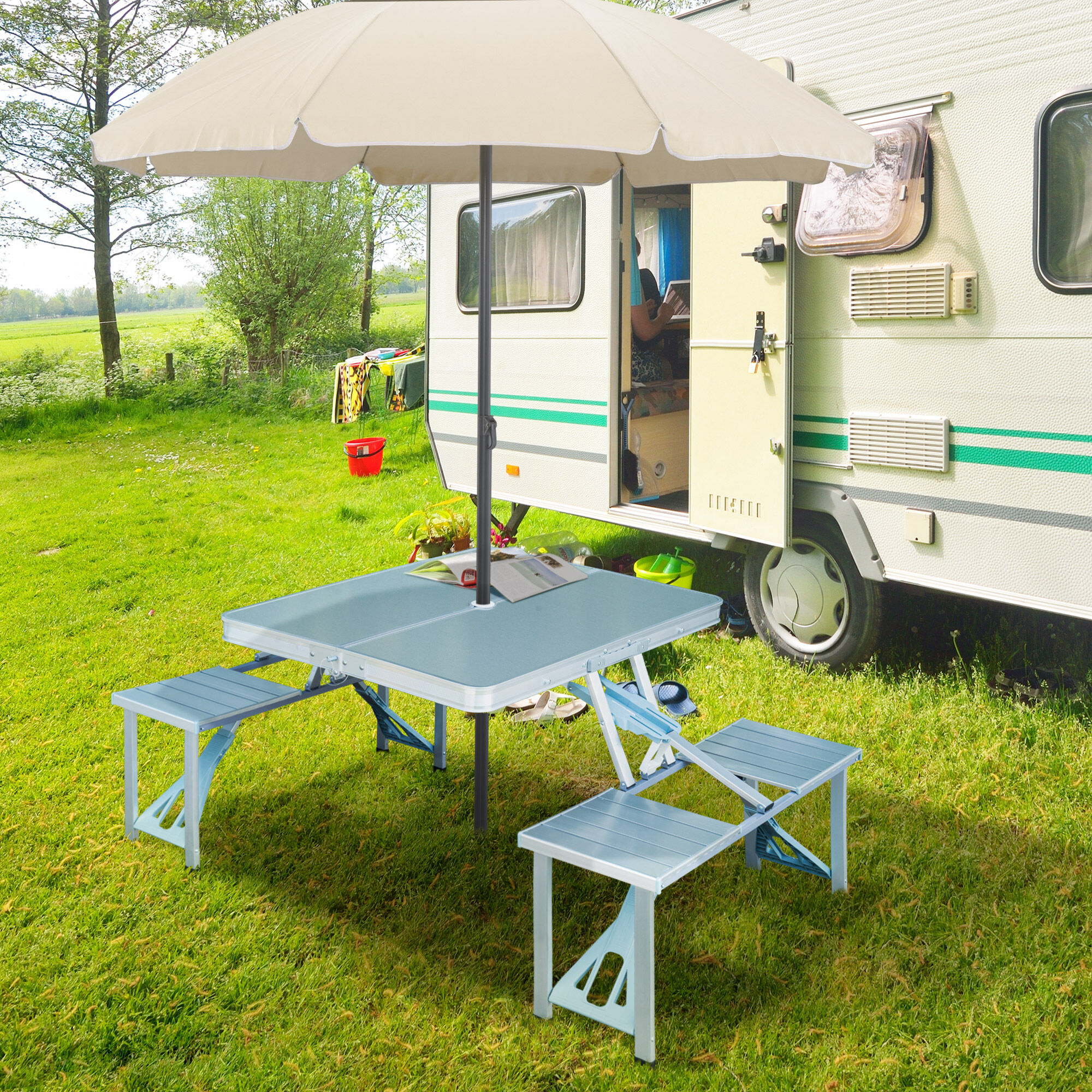 Outsunny Mesa Maleta de Camping Plegable Port&aacute;til con 4 Asientos y Agujero para Sombrilla, , large Imagen numero 2