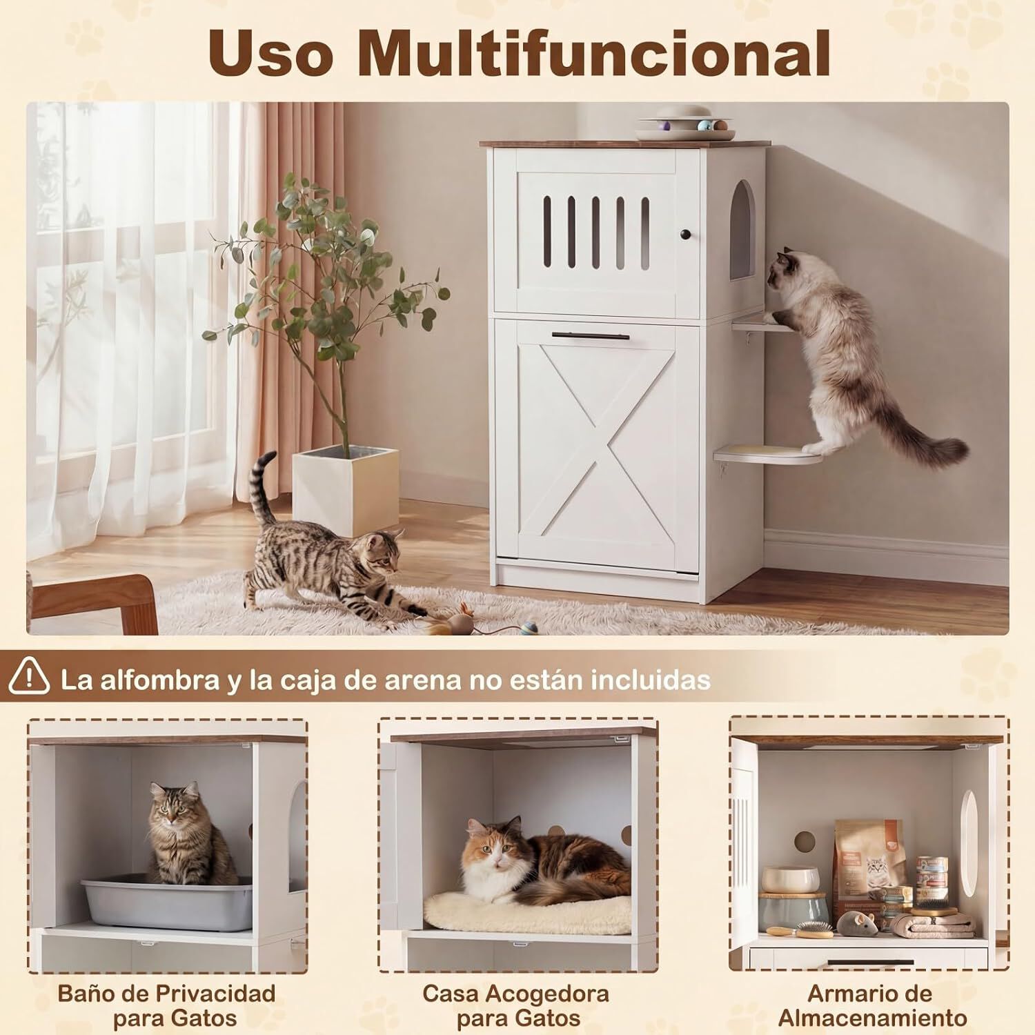 COSTWAY Armario para Caja de Arena para Gatos, Mueble Arenero Gato con Armario Abatible, 2 Plataformas, 2 Almohadillas Rascadoras de Sisal, Ba&ntilde;o Oculto, Casa de Madera para Gatitos de Interior Sal&oacute;n, , large Imagen numero 3