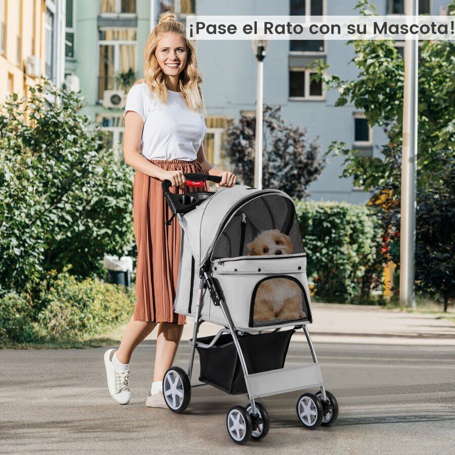 COSTWAY Cochecito Plegable de 5 Ruedas, Transport&iacute;n de Viaje Port&aacute;til con Cesta de Almacenaje, Ventana de Malla, Cremallera & Portavasos, para Mascotas Peque&ntilde;as y Medianas, Gris, , large Imagen numero 5