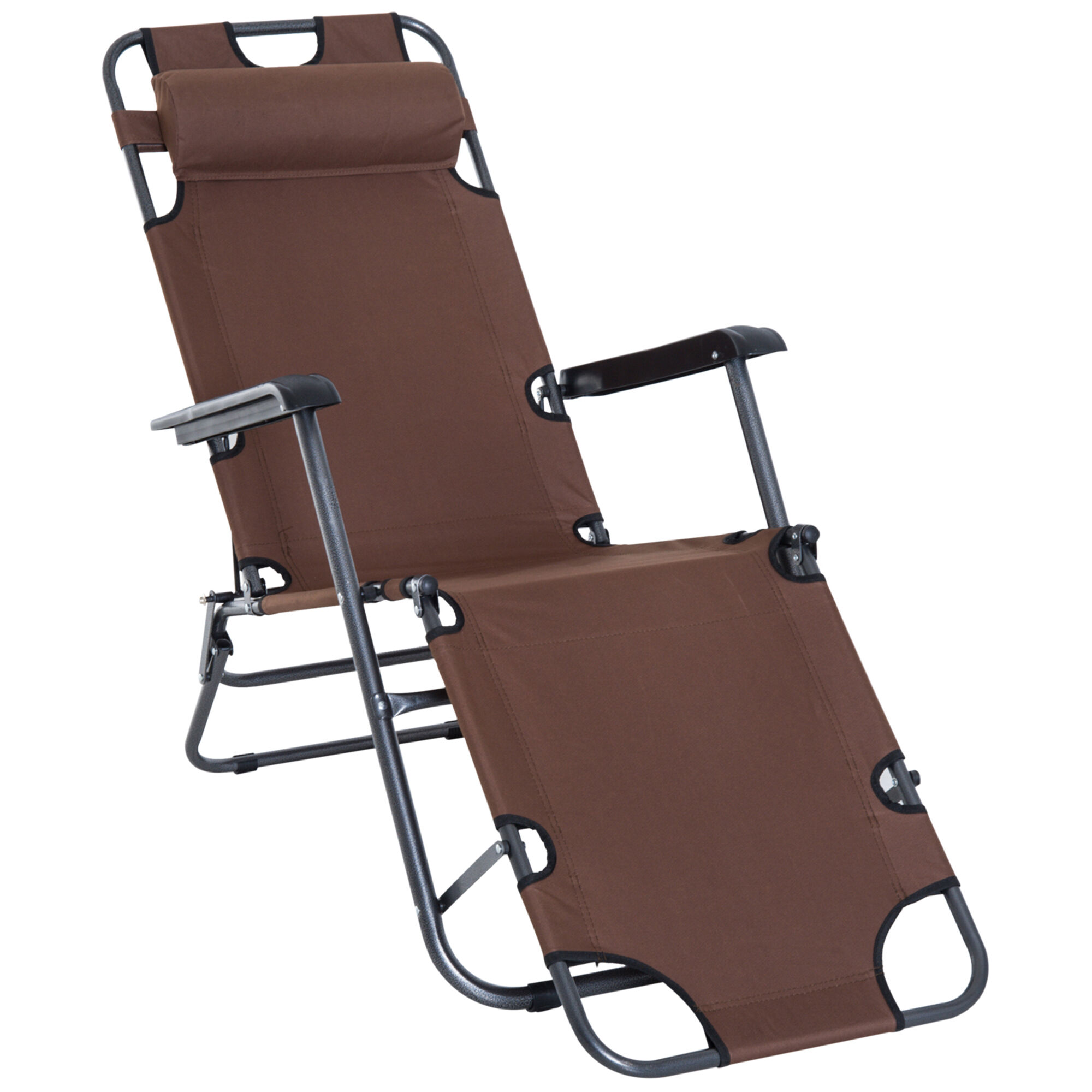 Outsunny Tumbona Reclinable y Plegable Silla de Playa Tumbona Relax Plegable con Respaldo Ajustable Reposabrazos Almohada y Reposapi&eacute;s para Jard&iacute;n Balc&oacute;n Carga 136 kg 135x60x89 cm Marr&oacute;n, , large Imagen numero 1