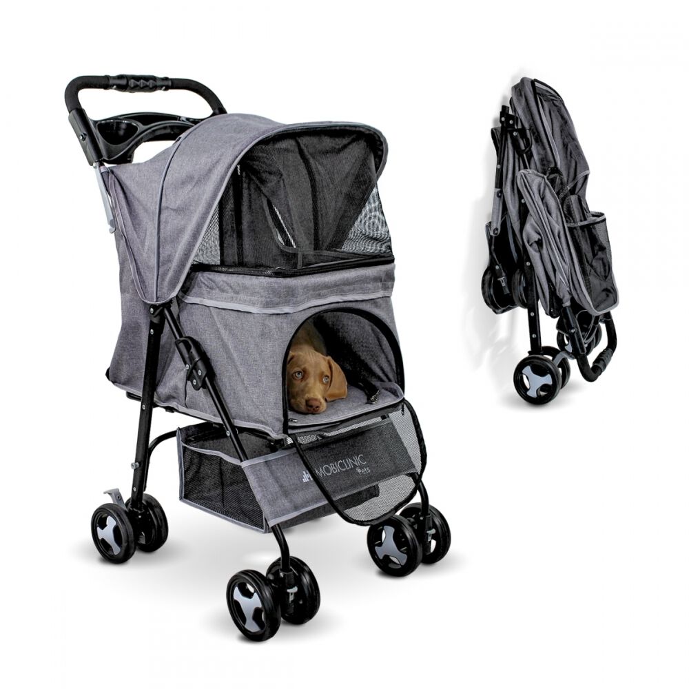 Mobiclinic Carrito Plegable gris con freno, toldo y cesta de almacenaje para perros