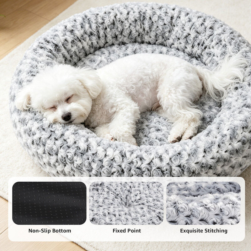 Nobleza Cama Redonda para Gatos y Perros Peque&ntilde;os/Medianos (&Oslash; 70 cm) - Coj&iacute;n Donut Antiestr&eacute;s de Felpa Suave con Textura Rosas, Cama Lavable e Antideslizante, Gris, , large Imagen numero 4