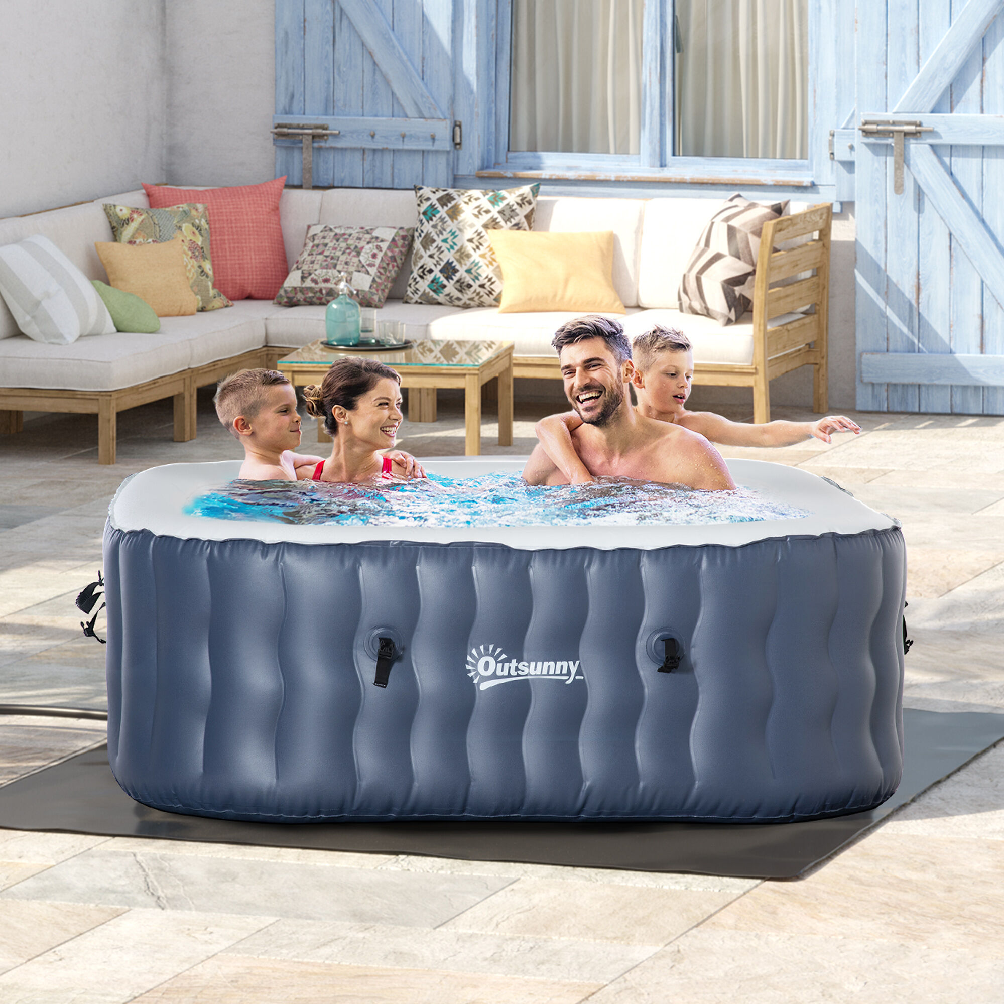 Outsunny Spa Hinchable Cuadrado para 4 Personas 930L Ba&ntilde;era de Hidromasaje Hinchable para Exteriores 180x180x68 cm con 108 Chorros de Masaje Control Remoto y Funda Protectora Azul, , large Imagen numero 2