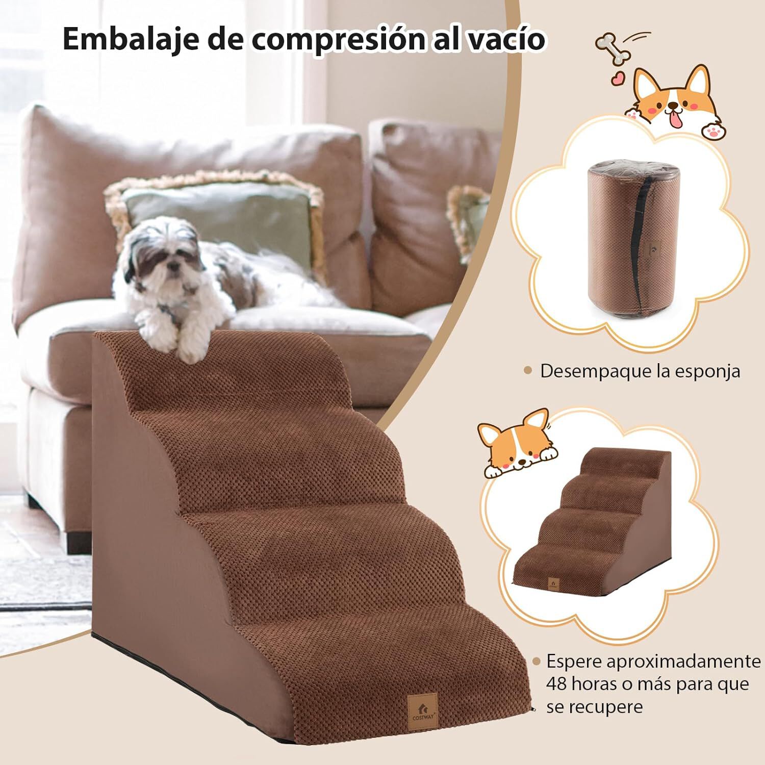 COSTWAY Rampa para Perros de Espuma de 4 Niveles, Escalera para Mascotas con Funda Lavable, Escala para Perros con Huellas de Silicona Pelda&ntilde;os Antideslizantes para Sof&aacute;s Altos (marr&oacute;n 4 escaleras), , large Imagen numero 4