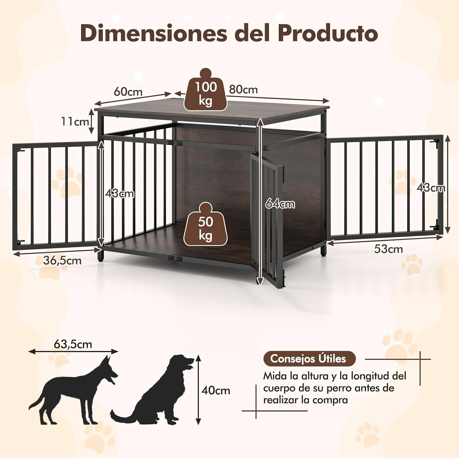 COSTWAY Jaula para Perros, Mesa Auxiliar con Tres Puertas y Parte Superior Hueca, Casa para Perros de Madera y Metal Resistente a Mordidas, Jaula para Perro Peque&ntilde;o y Mediano, R&uacute;stica Marr&oacute;n, , large Imagen numero 5