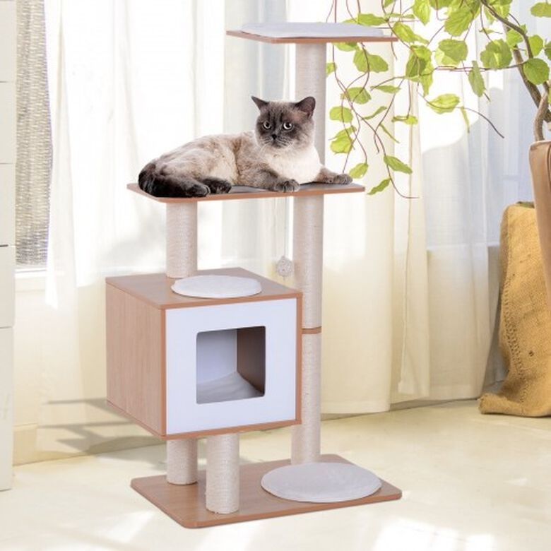 PawHut árbol rascador con cueva de madera natural para gato thumbnail