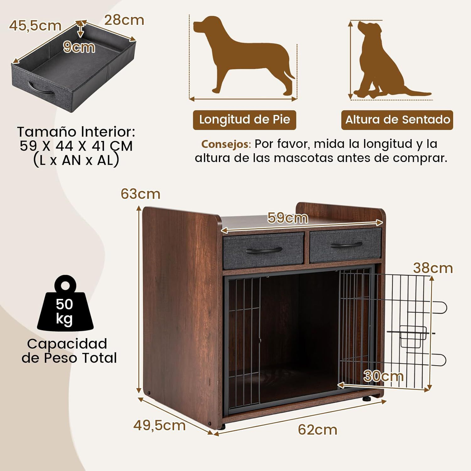 COSTWAY Jaula para Perros de Madera, Cajones Perro Estilo Mueble con 2 Cajones de Tela, Puerta con Cerradura, Casa para Mascotas para Perros Peque&ntilde;os y Medianos, Mesa Auxiliar, 62X49,5X63 cm, , large Imagen numero 4