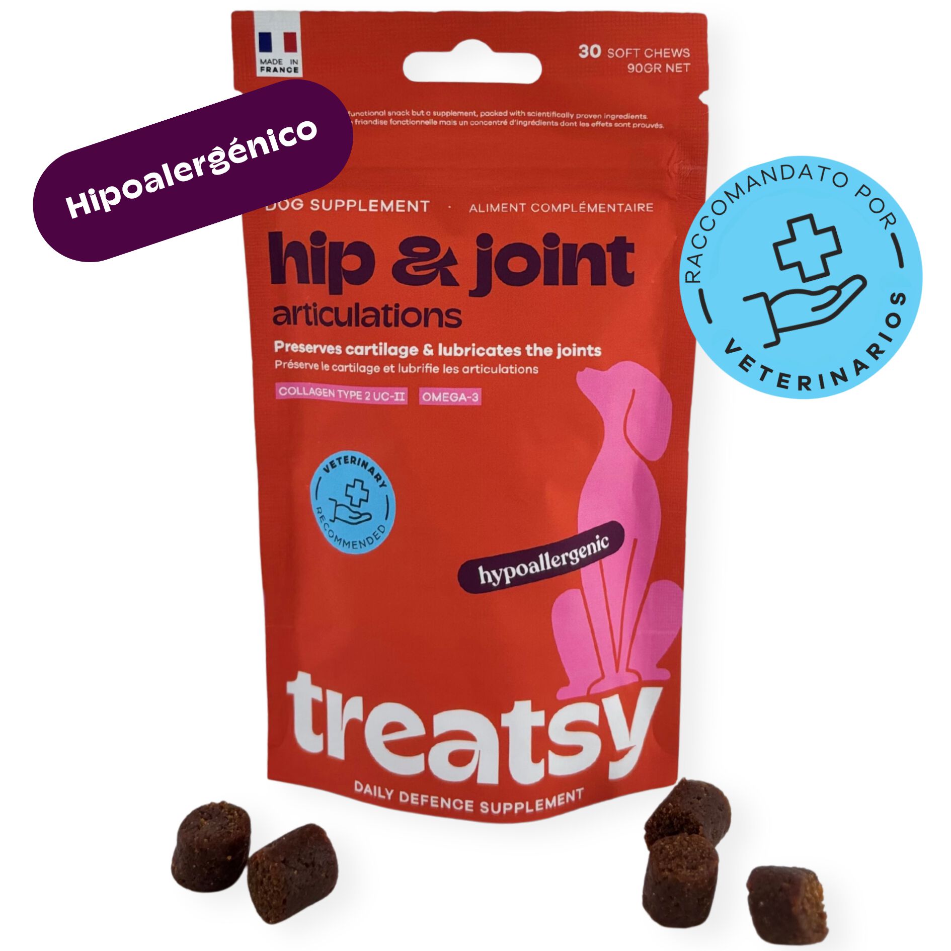 Treatsy Daily Defence Articulaciones Perro &ndash; Complemento Diario Movilidad y Cart&iacute;lago &ndash; Col&aacute;geno Tipo II UC-II, Omega-3 EPA DHA &ndash; 30 Snacks &ndash; Hipoalerg&eacute;nico, , large Imagen numero 2