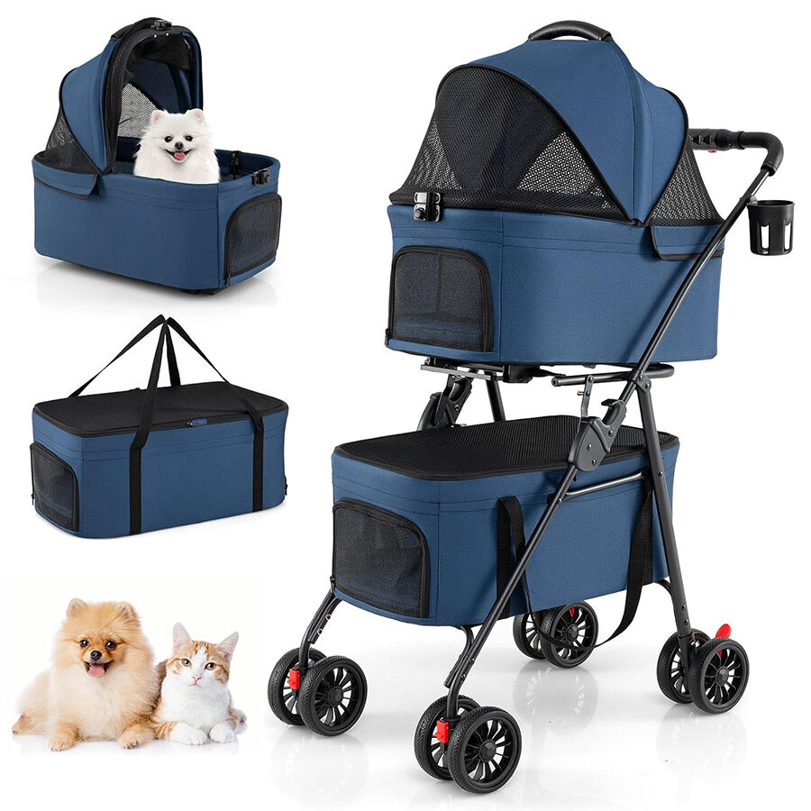 COSTWAY Carrito para Perros Plegable Doble 3 en 1, Cochecito para Perros con 2 Portadores Desmontables, Ruedas con Freno, Malla Transpirable, Portavasos, Carro para Mascotas hasta 15 kg, Azul, , large Imagen numero 1
