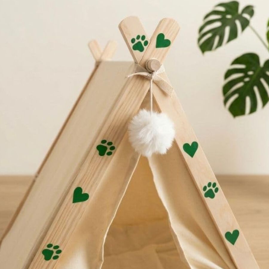 Cama Tipi Plegable para Gatos y Perros Peque&ntilde;os con Coj&iacute;n Lavable - Cueva de Madera Maciza y Lino Transpirable, Caseta de Interior Port&aacute;til y F&aacute;cil de Limpiar para Cachorros y Mascotas, , large Imagen numero 5