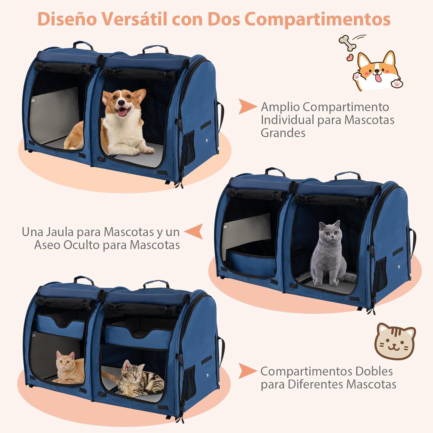 COSTWAY Transport&iacute;n de Doble Compartimento Perro Gato, Bolsa de Transporte Port&aacute;til 3 en 1 con 2 Hamacas Desmontables, Jaula Suave para Mascotas con Bolsa de Transporte 100 x 58 x 61cm (Azul), , large Imagen numero 2