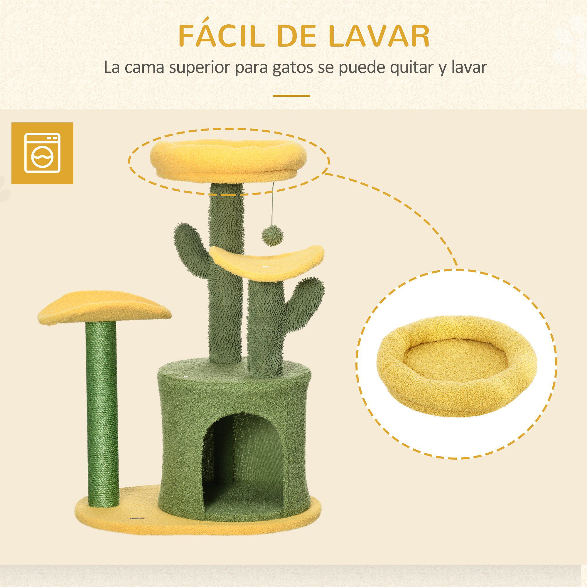 PawHut &Aacute;rbol Rascador para Gatos en Forma de Cactus amarillo y verde, , large Imagen numero 5