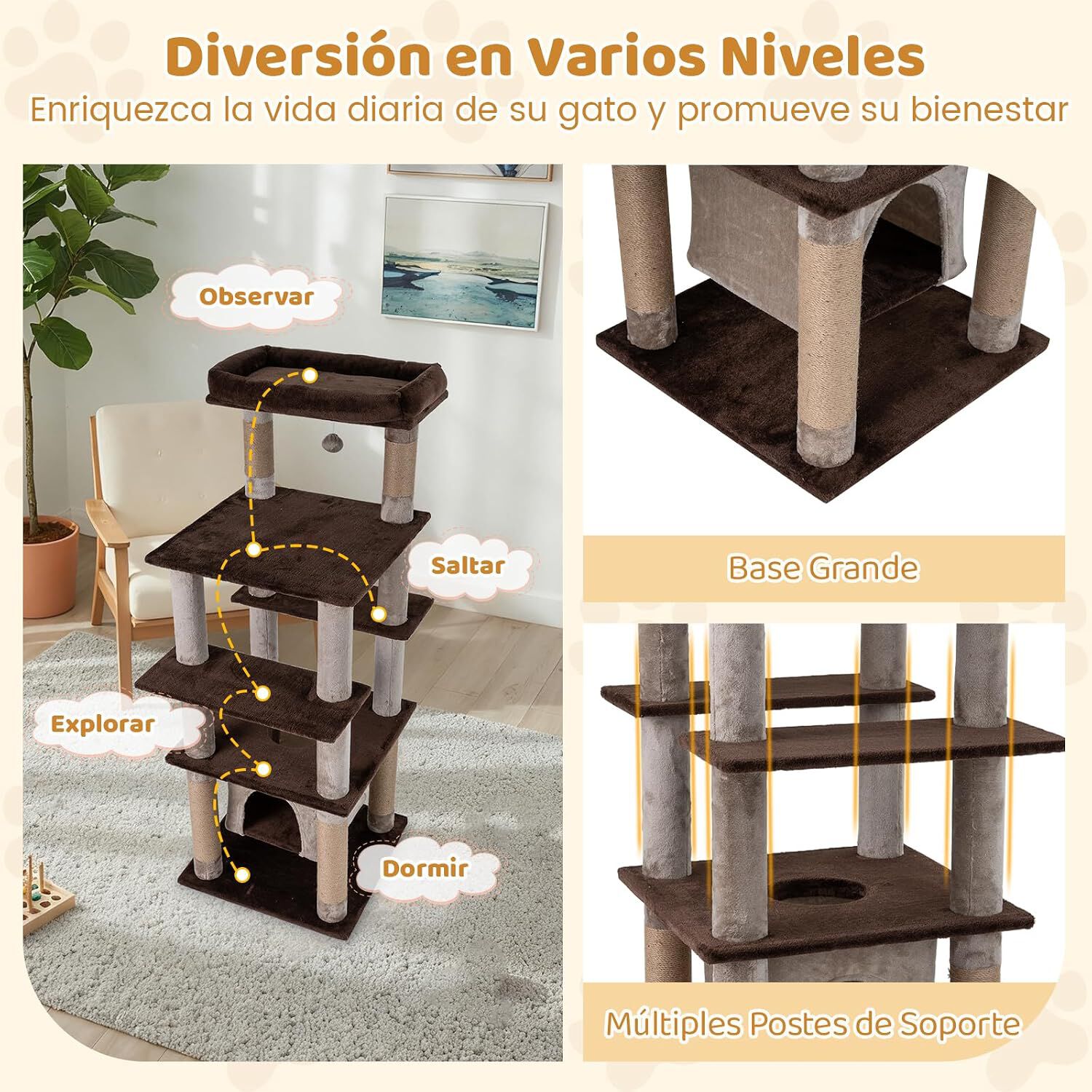 COSTWAY Rascador para Gatos Grandes, &Aacute;rbol Rascador para Gatos Multinivel, Altura 148 cm con Condominio, Percha de Peluche, Postes Rascadores, Agujero, Pomp&oacute;n y Plataformas, Torre Gato de Interior, , large Imagen numero 4