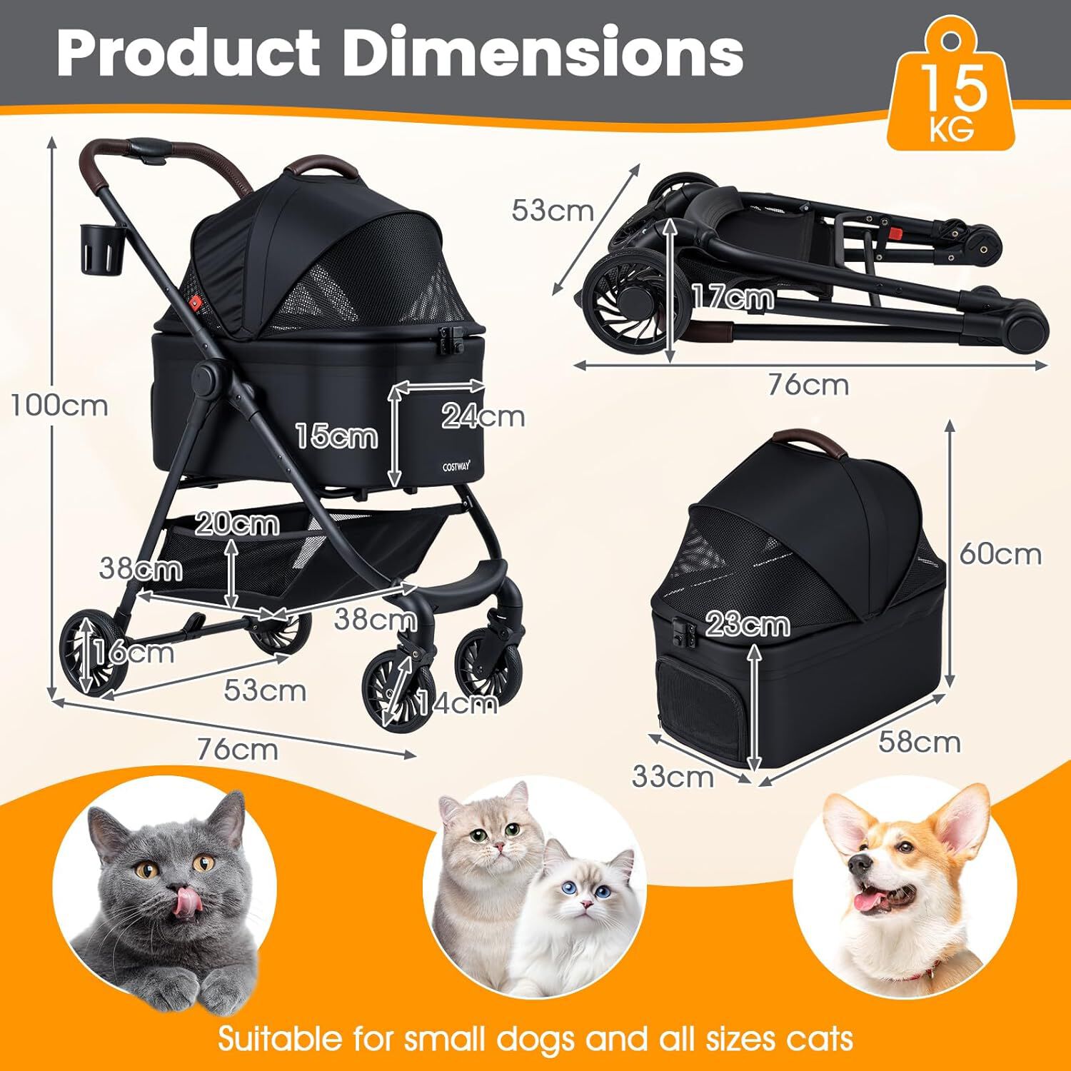 COSTWAY Carrito para Perros 3 en 1, Cochecito para Perros Plegable con Transport&iacute;n Desmontable, Toldo de Malla Ajustable, Cesta, Portavasos, Carro para Perro, Gato, Carga 15 kg, 76x53x100 cm (Negro), , large Imagen numero 5