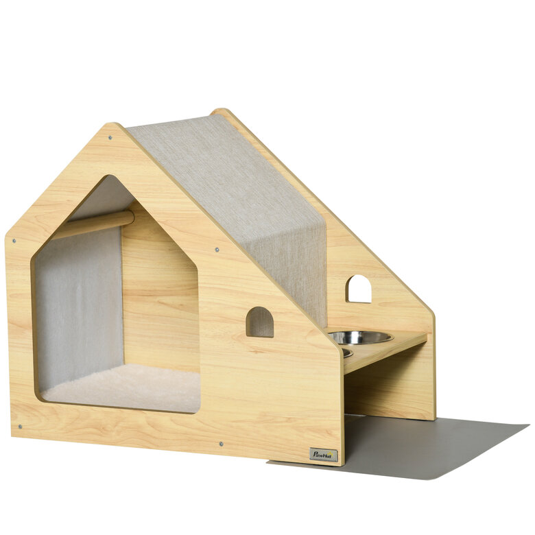Casa para perros de madera con comedero PawHut 105x65x80 cm natural_D02-080