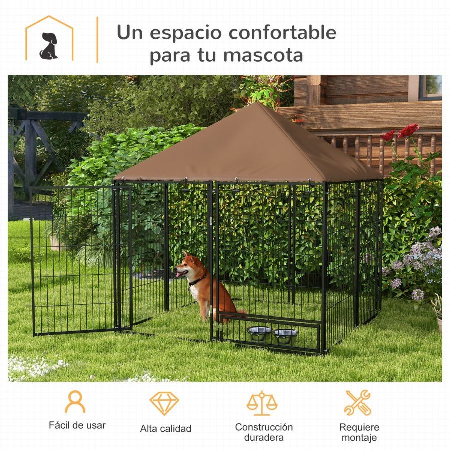 PawHut Perrera con Toldo Parque para Perros Met&aacute;lica de Exterior con Soporte Giratorio para Comida 2 Cuencos para Patio Jard&iacute;n Terraza 141x141x151 cm Negro, , large Imagen numero 5