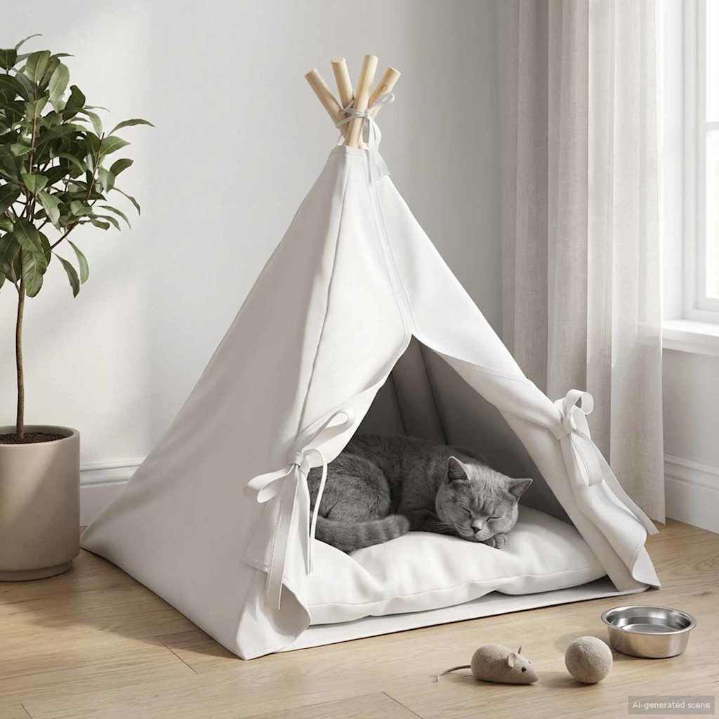 vidaXL Tienda de campa&ntilde;a para mascotas con coj&iacute;n Blanco Poli&eacute;ster Teepee gatos, , large Imagen numero 12