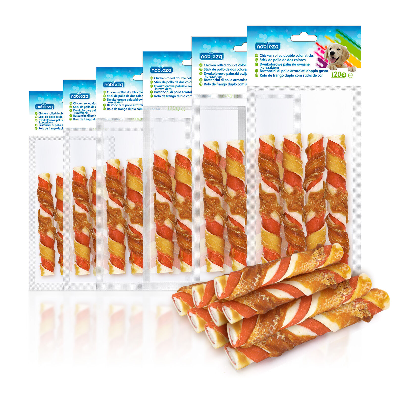 Nobleza - Snacks para Perros - Palitos de Piel de Vacuno Enrollados de Pollo - Chuches Natural para Perros - Golosinas para Perro - Premios y Recompensas para Perros - L12.5 cm, 6 bolsas x 120 gr, , large Imagen numero 1